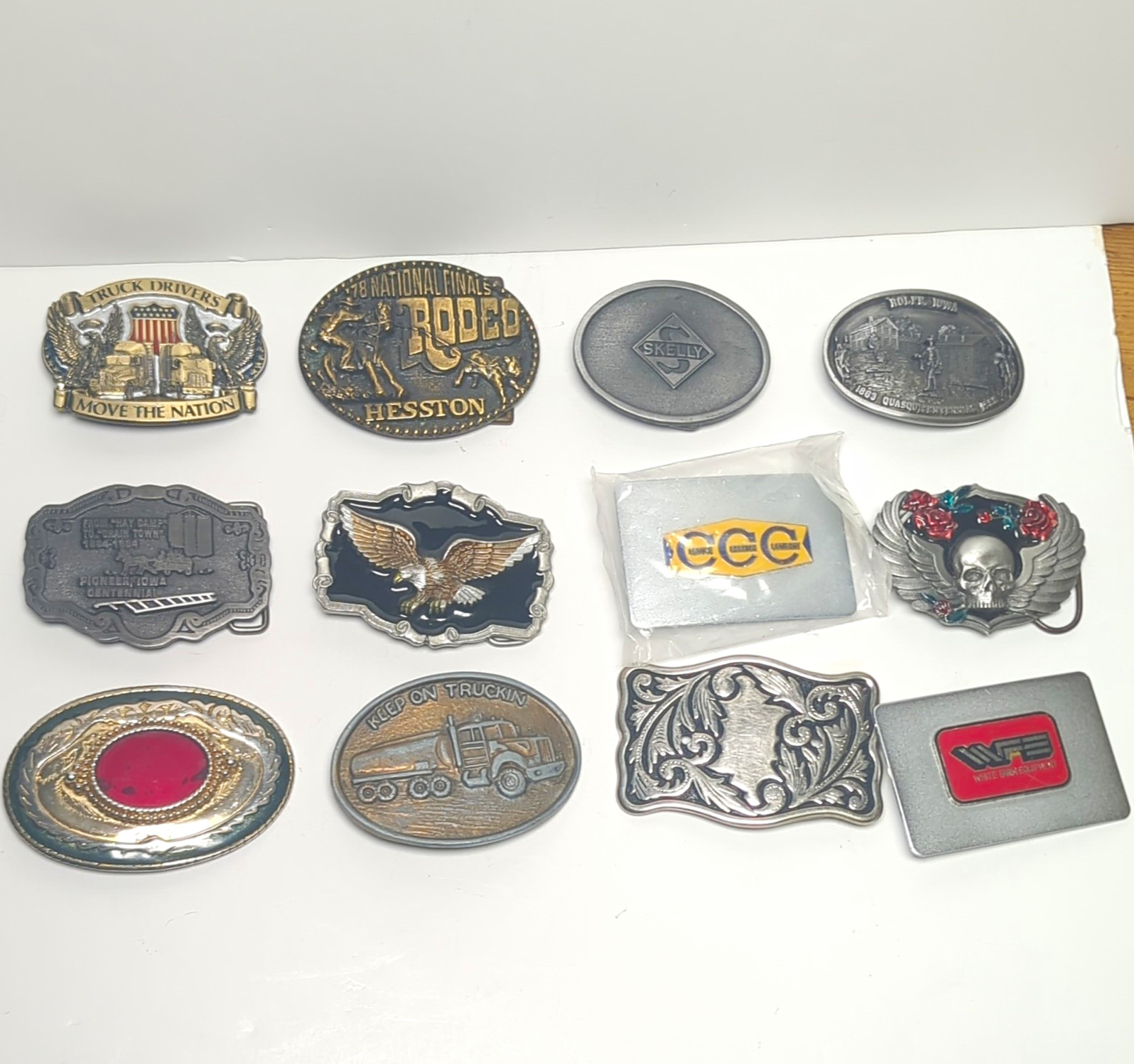 Lot of 12 Vintage Belt Buckles Hesston Rodeo Skelly  Truck Drivers Centennial 