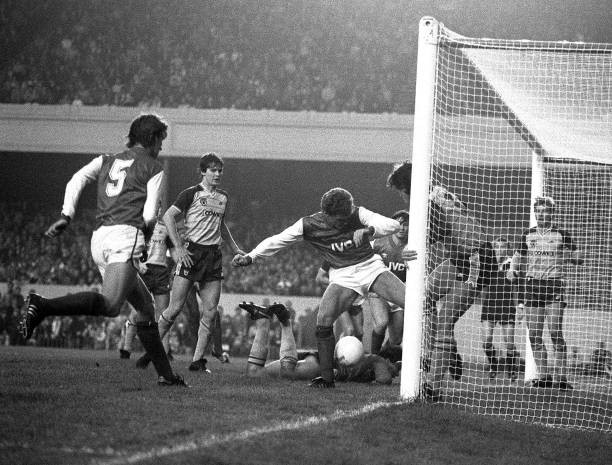 Arsenal\'s Tony Adams shoots into Sunderland\'s net off colleague Co- Old Photo