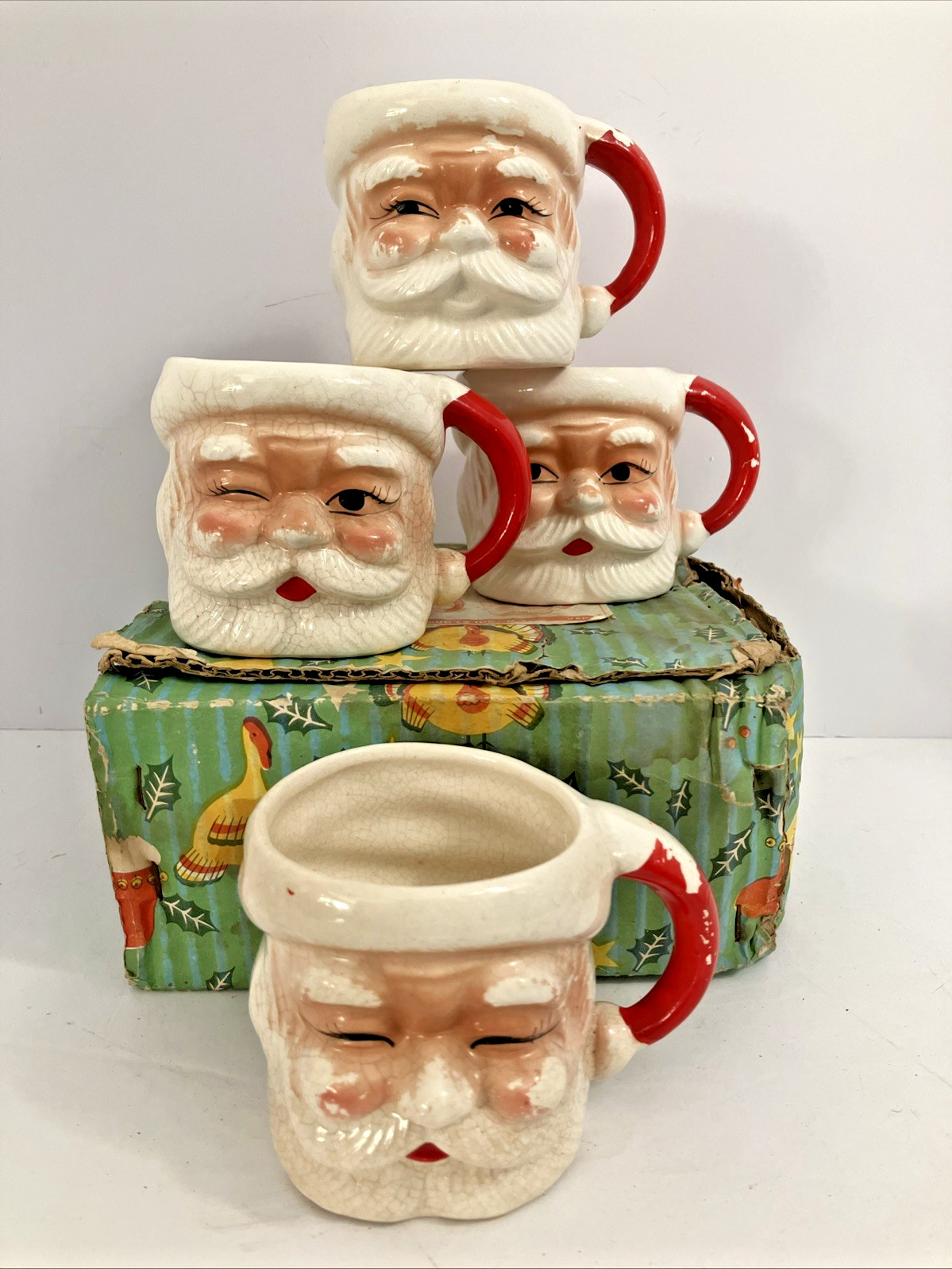 VTG 50/60\'s Winking Santa Mugs, Set 4 Orig Box Ross Products Japan MCM Christmas