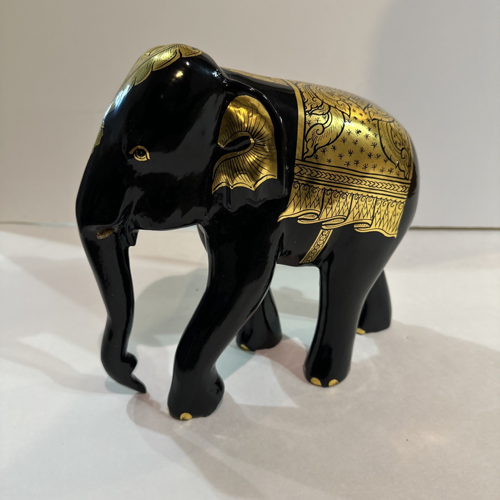 Vintage Handcrafted Thai Black and Gold Foil Lacquered Elephant Figurine 9” Tall Vintage Handcrafted Thai Black and Gold Foil Lacquered Elephant Figurine 9” Tall