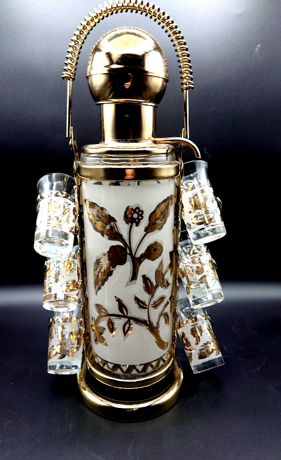 Vintage Glenshaw MCM Pump Decanter Set 6 Shot Glasses Gold Floral Barware Works