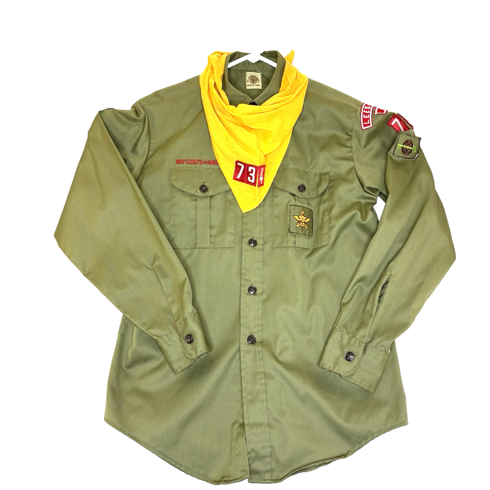 Vintage Boy Scouts of America Official Shirt Sanforized Green Patches Scarf 14.5