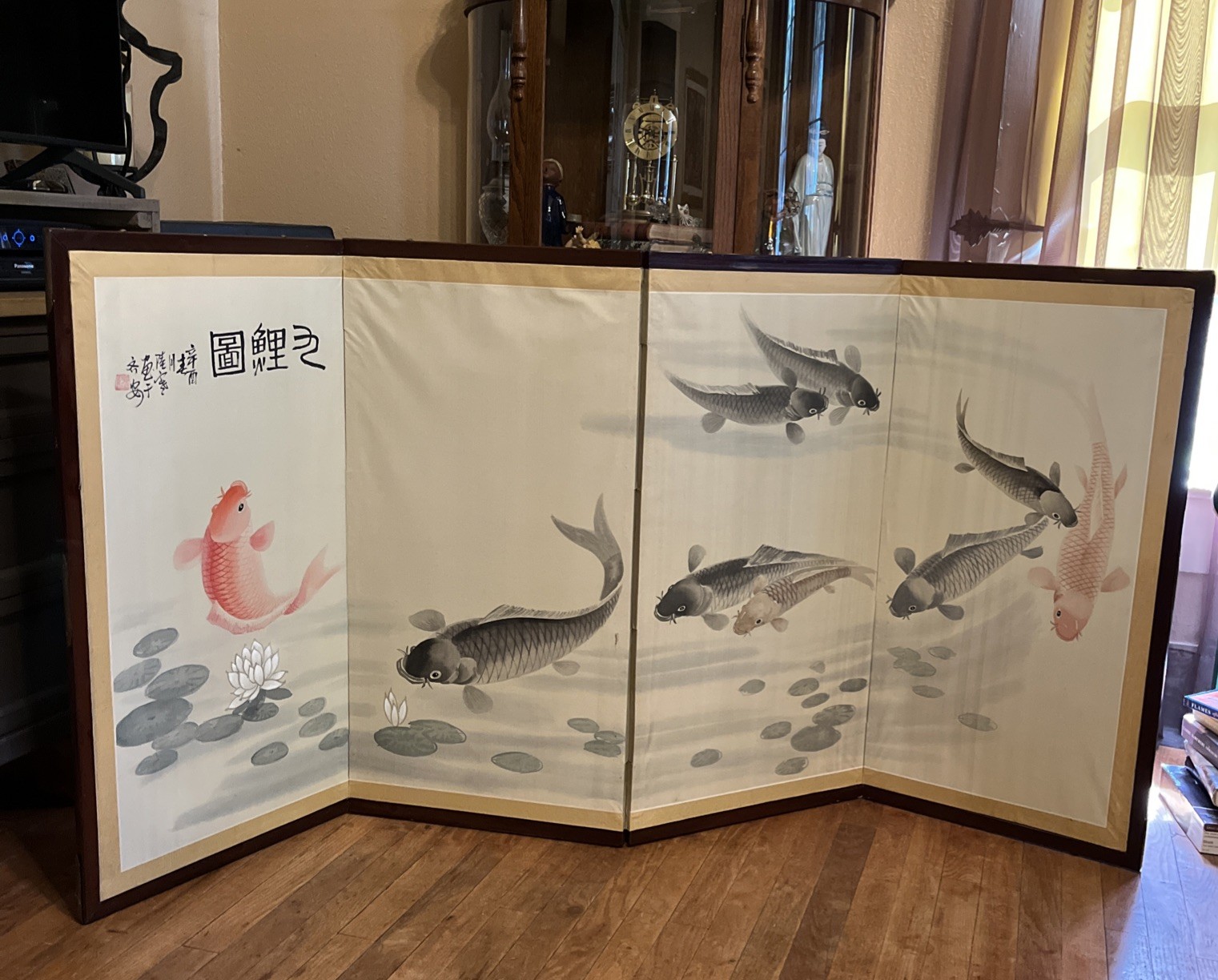 Vintage Japanese Byobu Four Panel Silk Screen Koi Fish Scene 3’ X 6’
