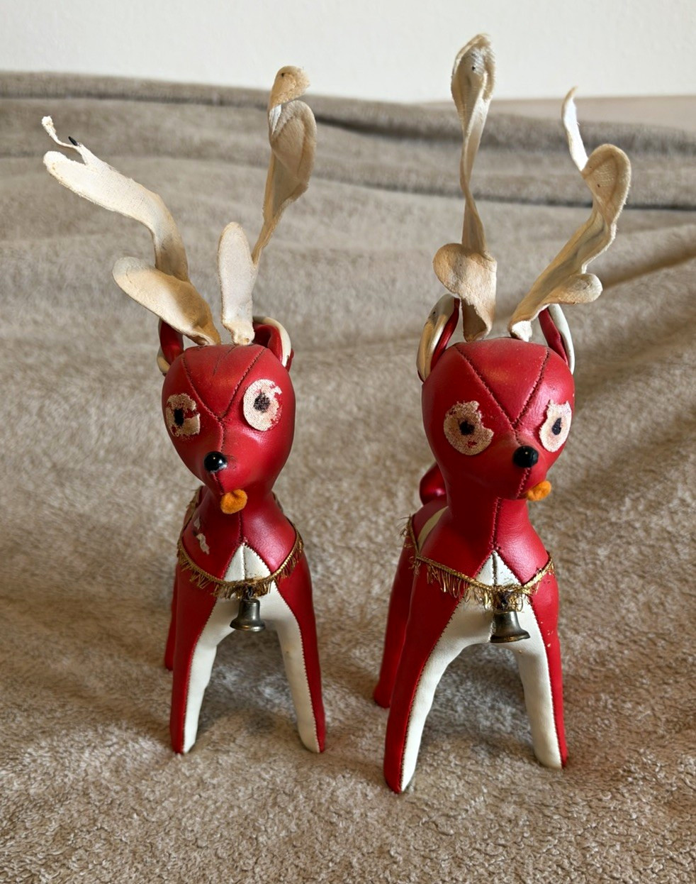 Vintage Mid Century Japan Christmas Red Faux Leather Reindeer Deer Figures Set