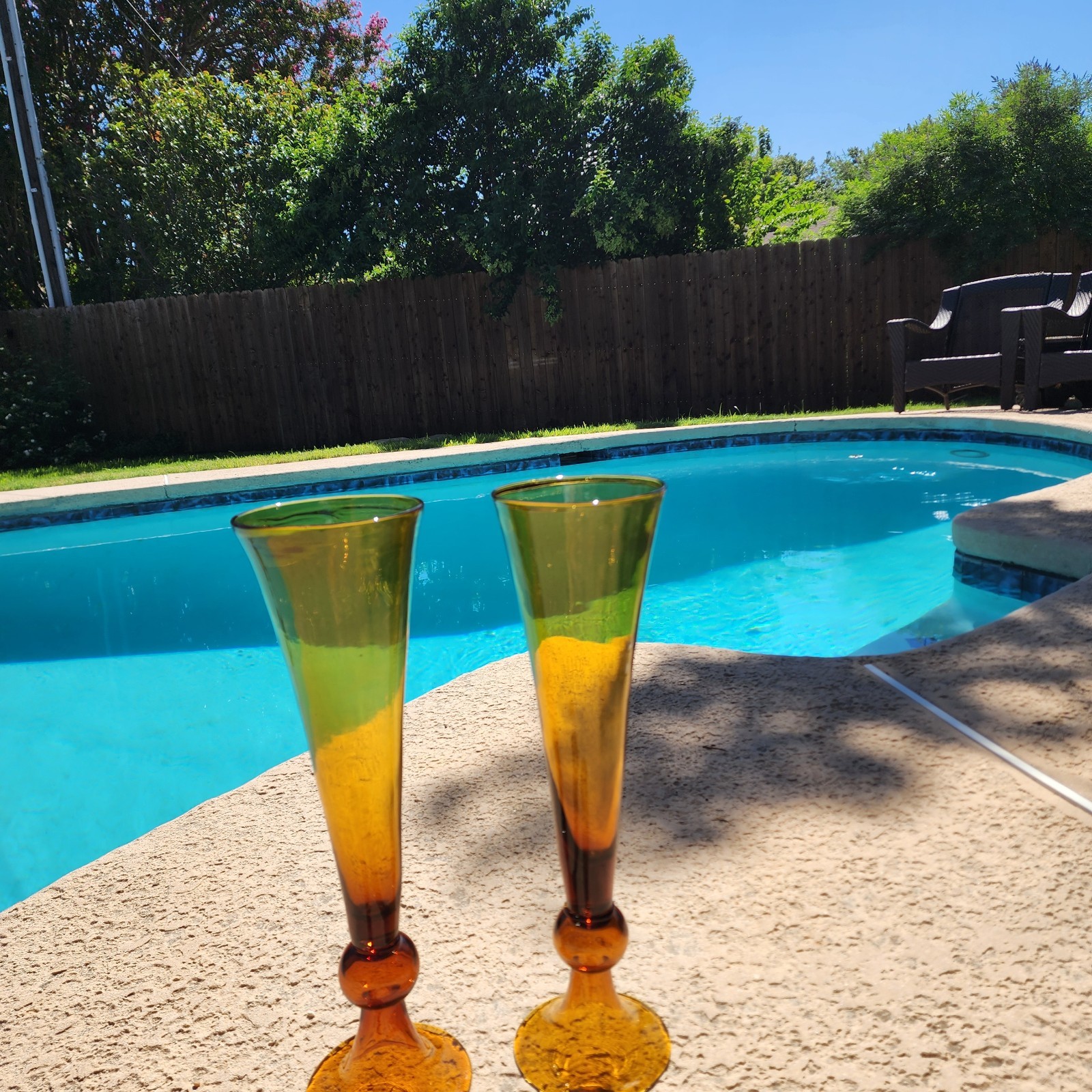 PAIR Vintage 18.5” MCM Italian Amber Glass Trumpet Vases Hand Blown Floor Set