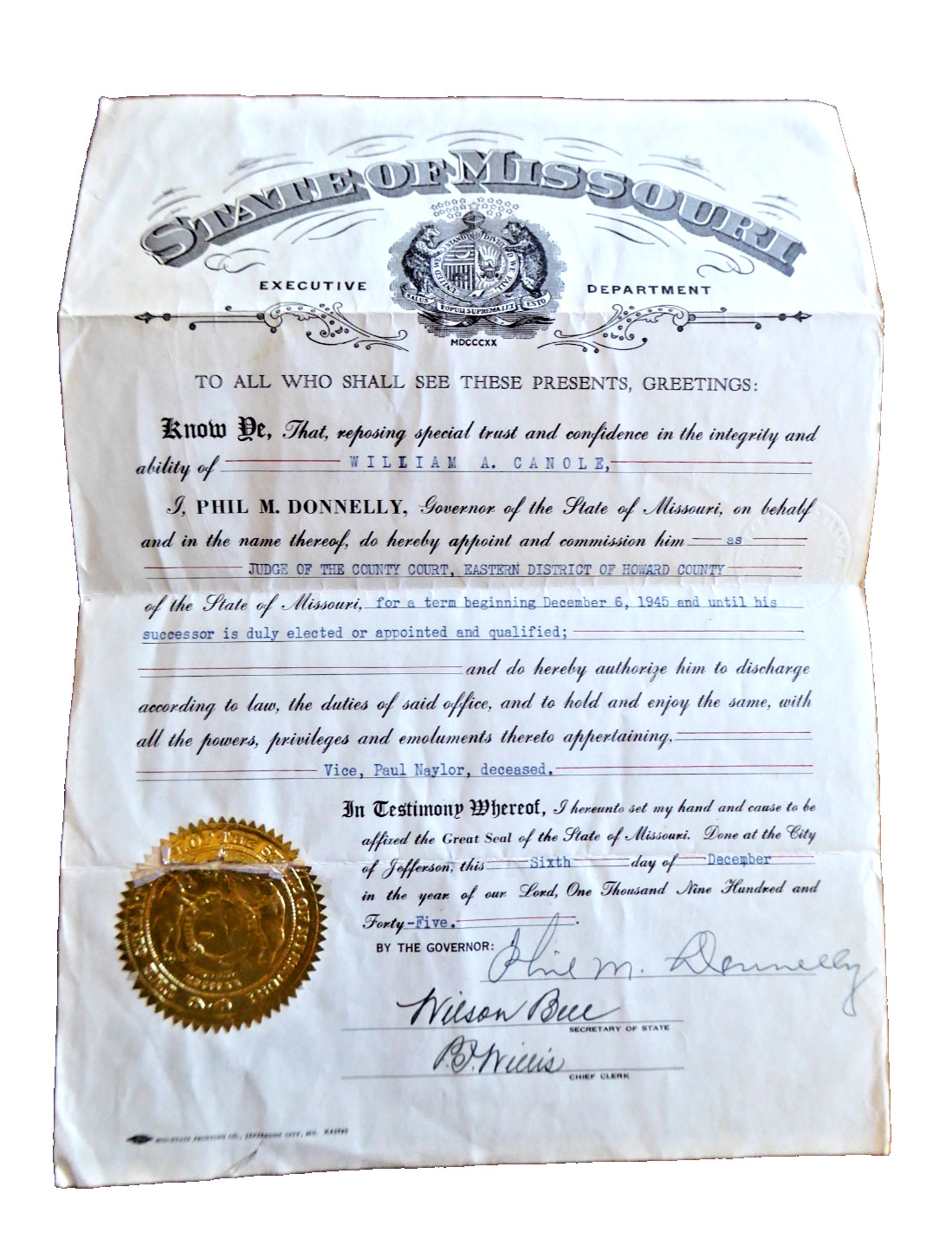 1945 Missouri Governor Phil Donnelly Appointment Letter Judge Howard County 1945 Missouri Governor Phil Donnelly Appointment Letter Judge Howard County