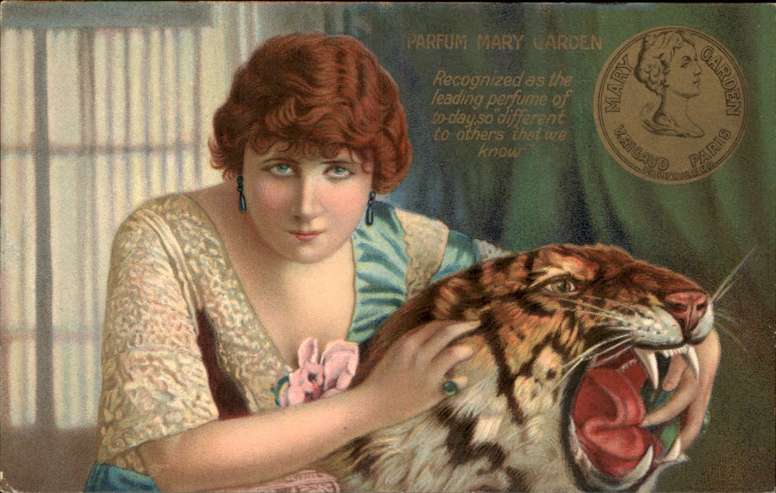 Paris Parfum Mary Garden Advertising V. Rigaud Woman & Tiger c1910s Postcard bhn