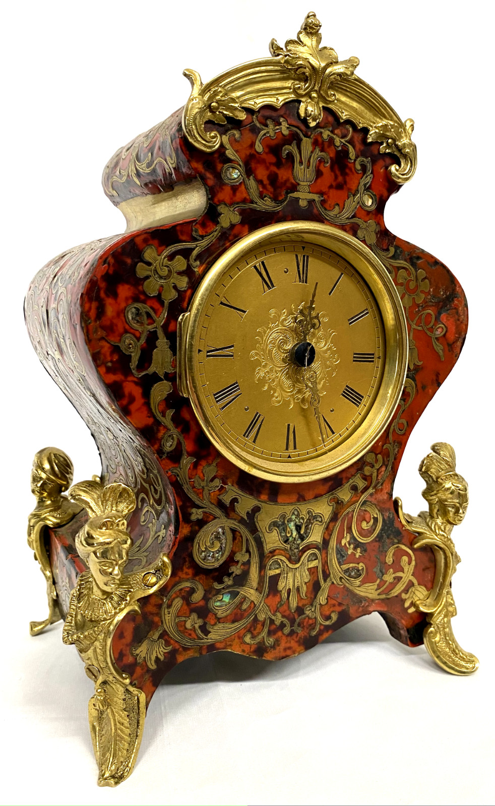 Antique Miniature Single Chain Fusee Boulle Mantel Clock With Mother Of Pearl