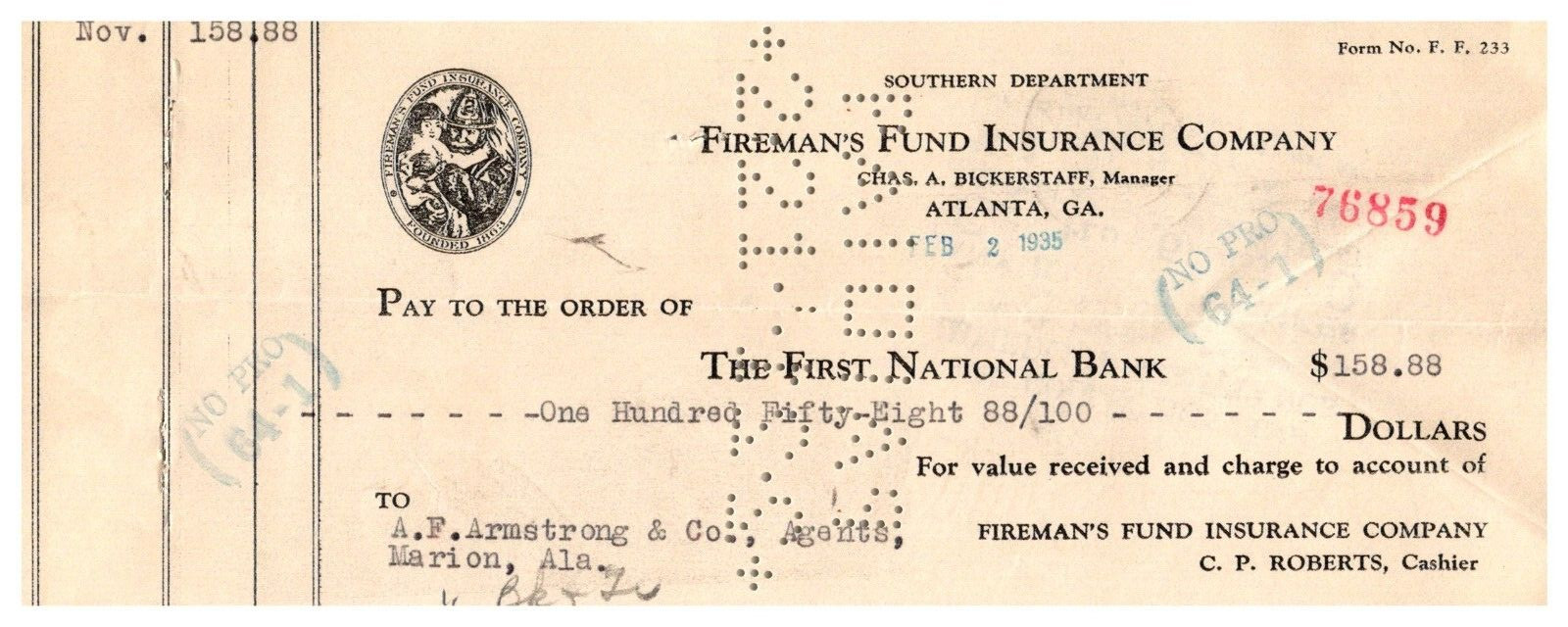 1935 Check Fireman\'s Fund Insurance Co. Logo First National AF Armstrong Atlanta