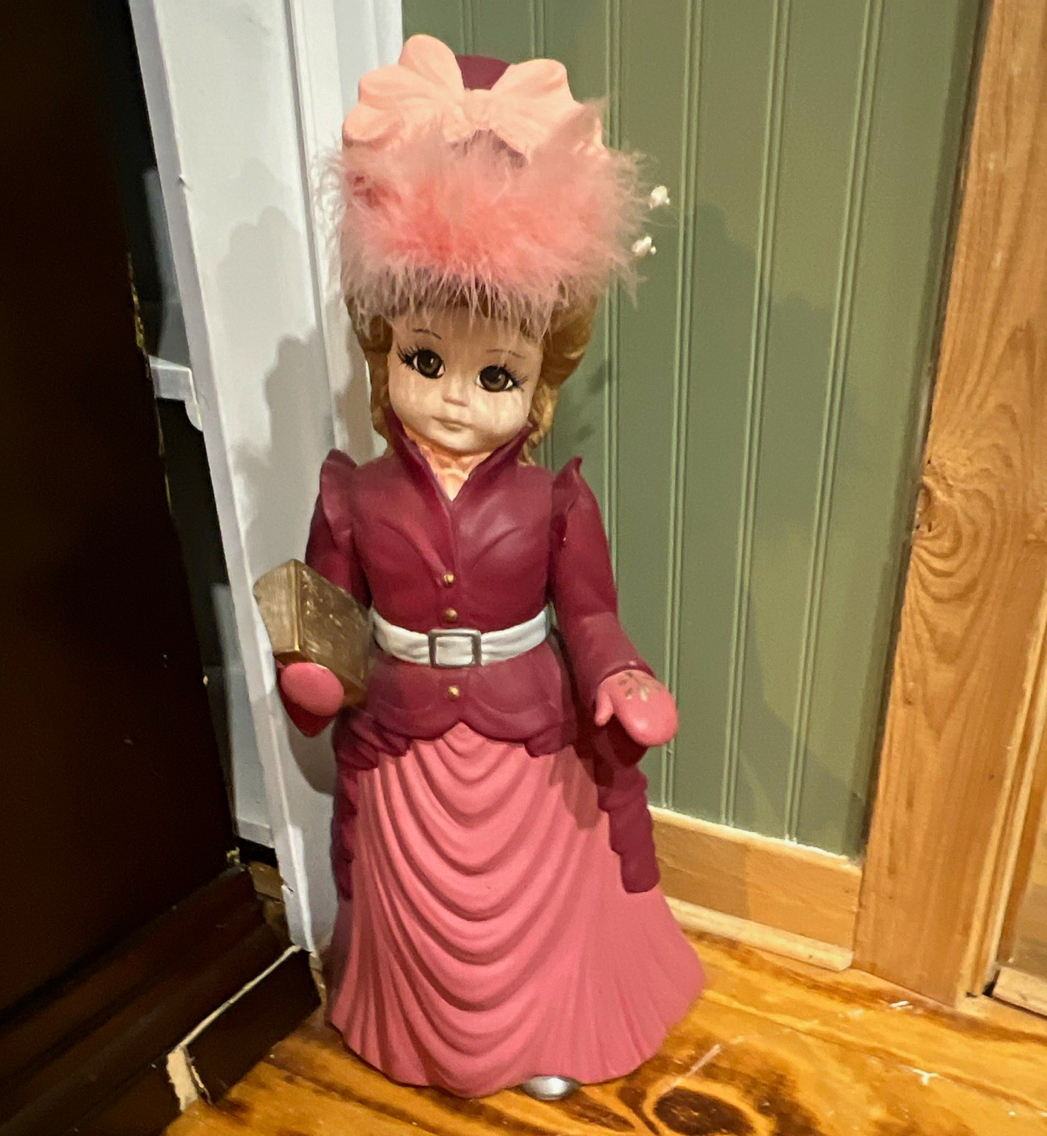 Ceramic Painted 3D Girl Figurine Pink/Burgundy Dress Feather Hat Book