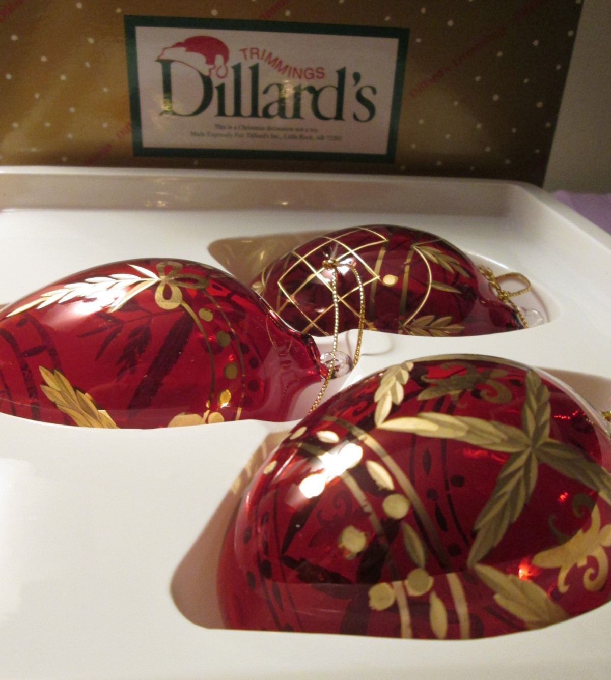 Vintage Dillards Trimmings Set of 3 Geometric Design Red & Gold Glass Ornaments
