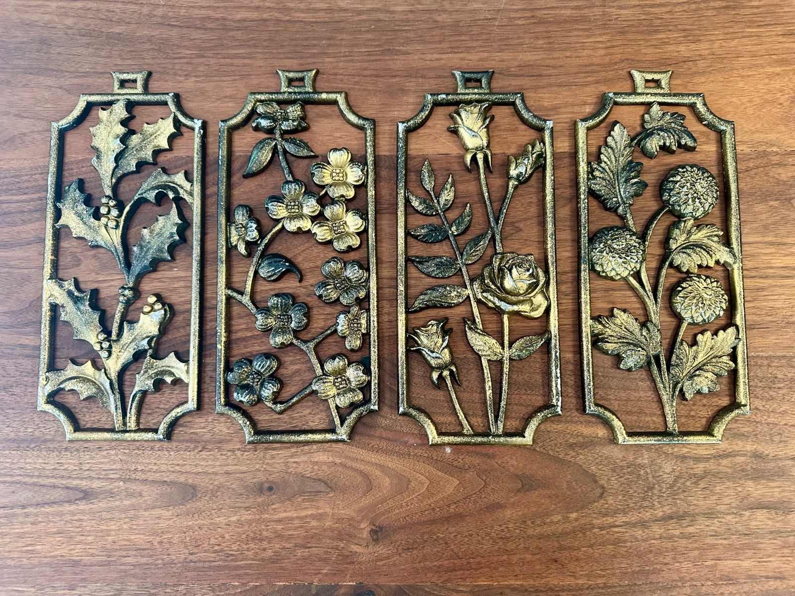 Vintage 1960's Sexton Set MCM 4 Four Seasons Floral Metal Wall Plaques 12” x 5” Vintage 1960's Sexton Set MCM 4 Four Seasons Floral Metal Wall Plaques 12” x 5”