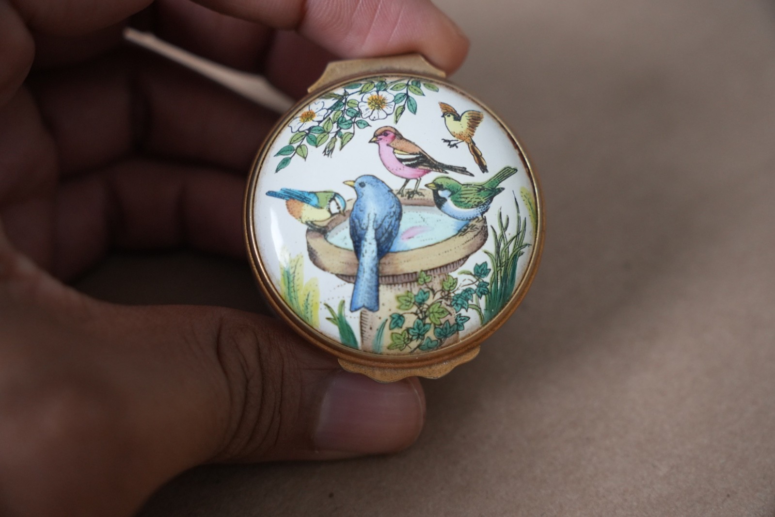 Vintage Bilston & Battersea Enamels Bird Bath Trinket Box Made in England