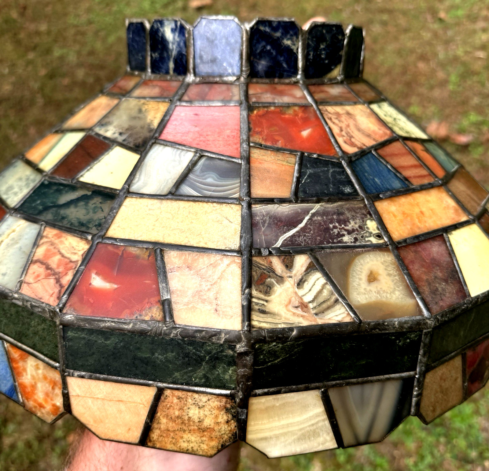 1930s Leaded Slag Glass Tiffany Style Hanging Lamp Shade Handmade Arts & Crafts