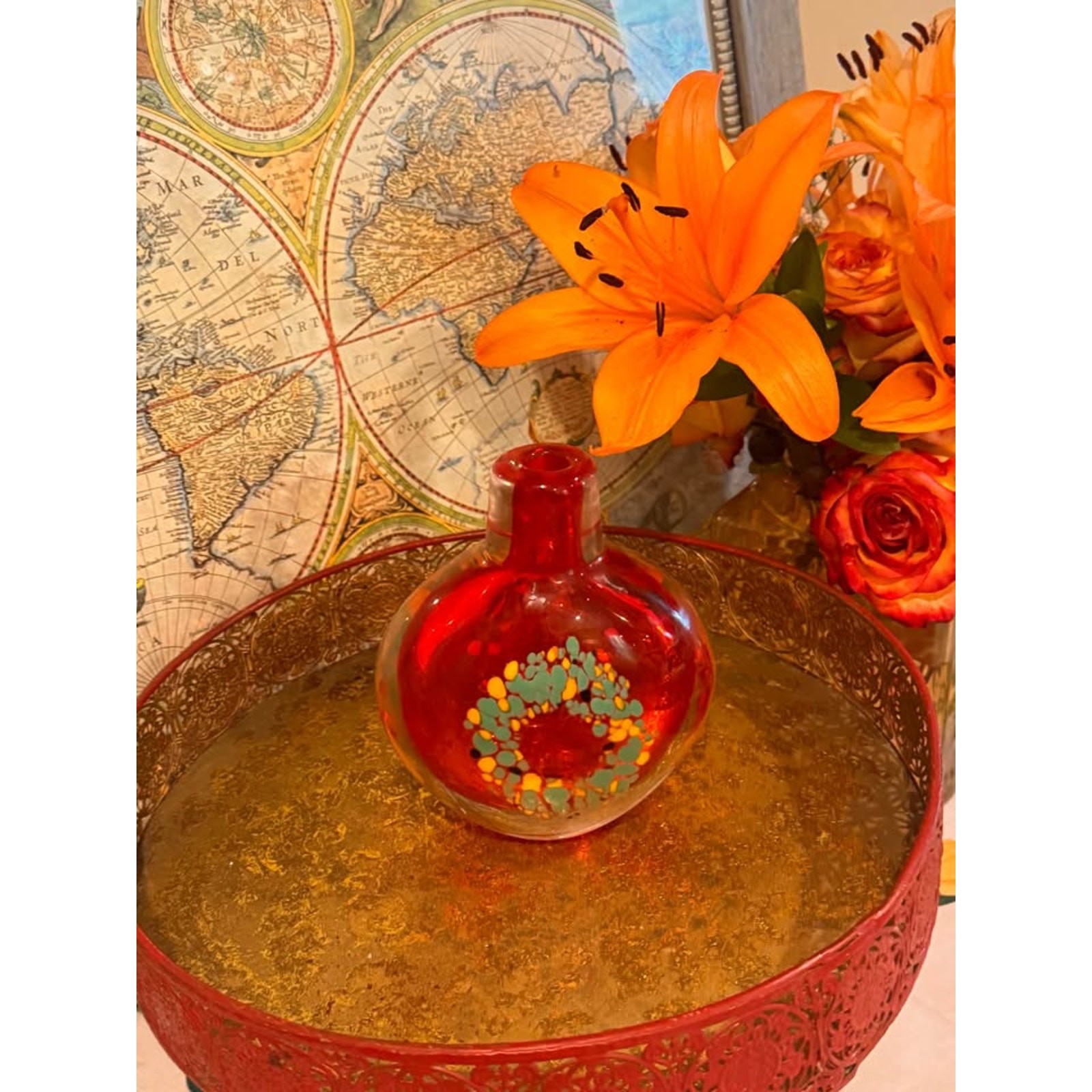 Vintage Red Art Glass Perfume Bottle Murano Style Confetti Spatter Vase