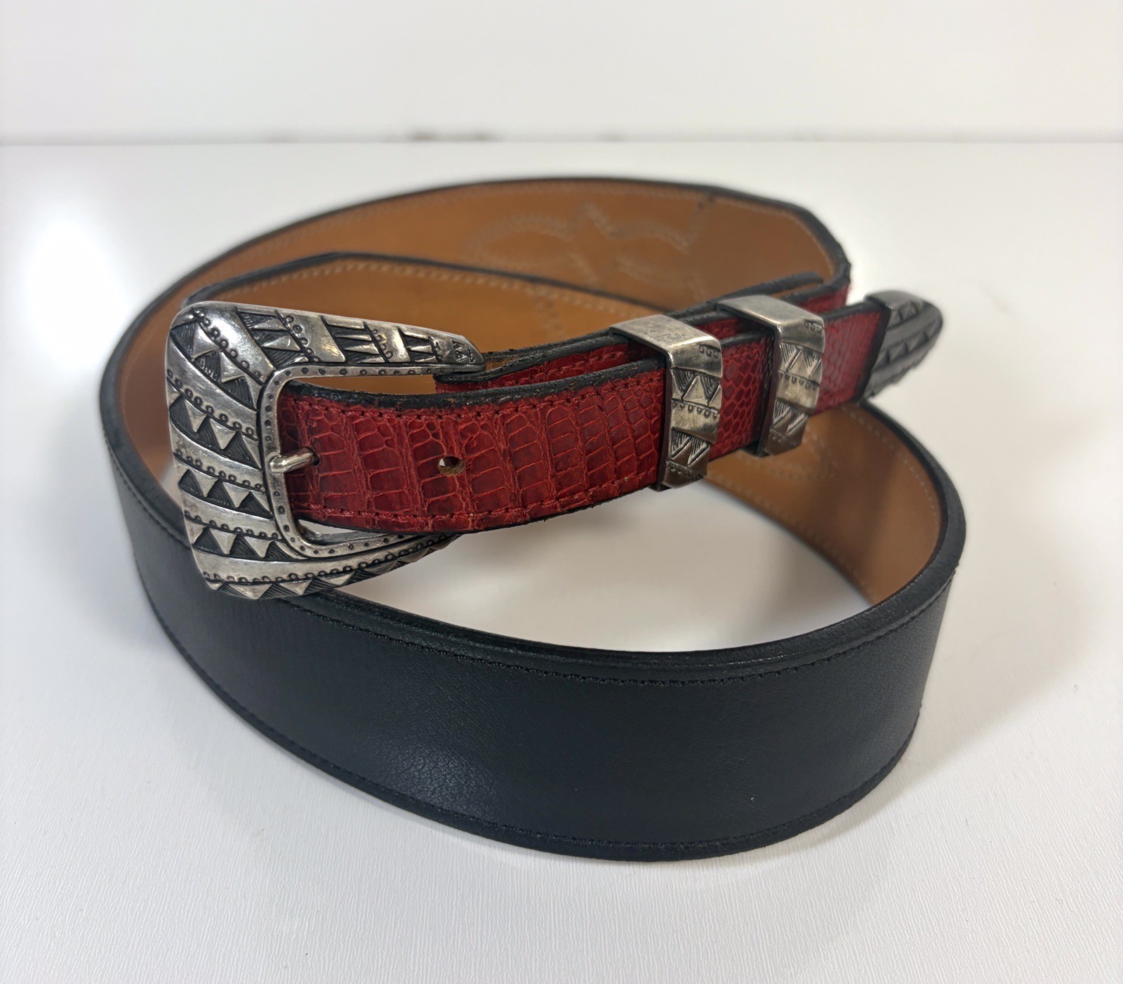 Santa Fe Black & Red Western Leather Belt W/ Sterling Silver Belt Buckle 1989