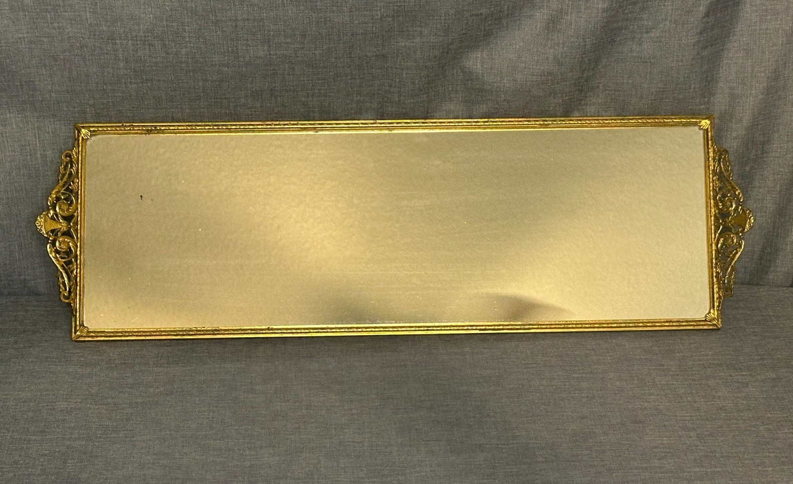 Vtg Hollywood Regency Gold rectangle Metal Vanity Mirror Tray 20x6.5 Vtg Hollywood Regency Gold rectangle Metal Vanity Mirror Tray 20x6.5
