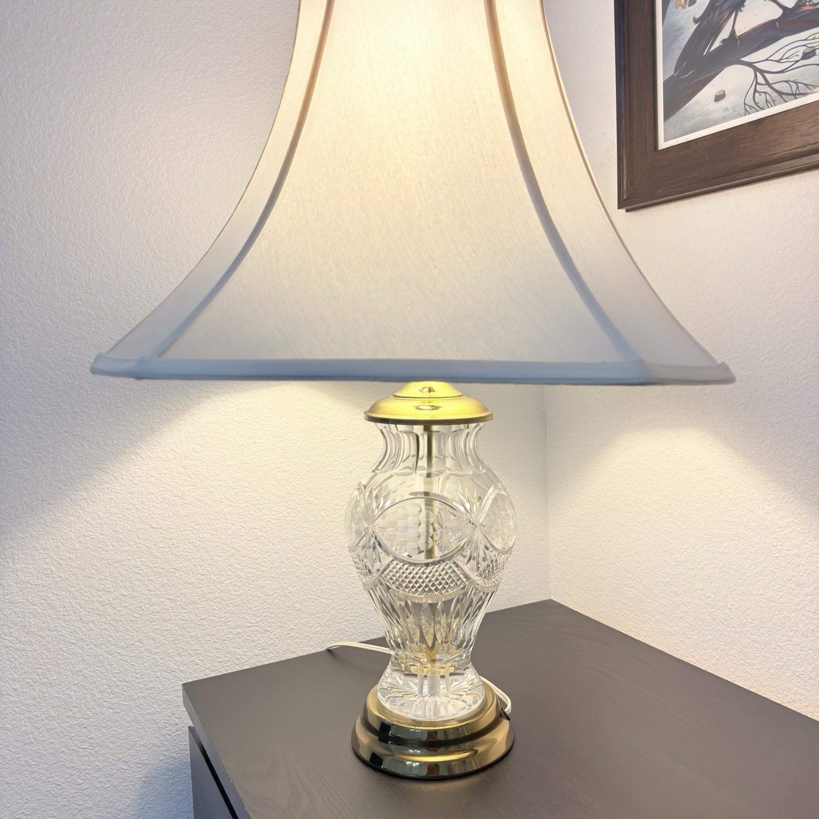 Vintage Cut Crystal Table Lamp Ornate Pattern Brass Base Elegant Shade