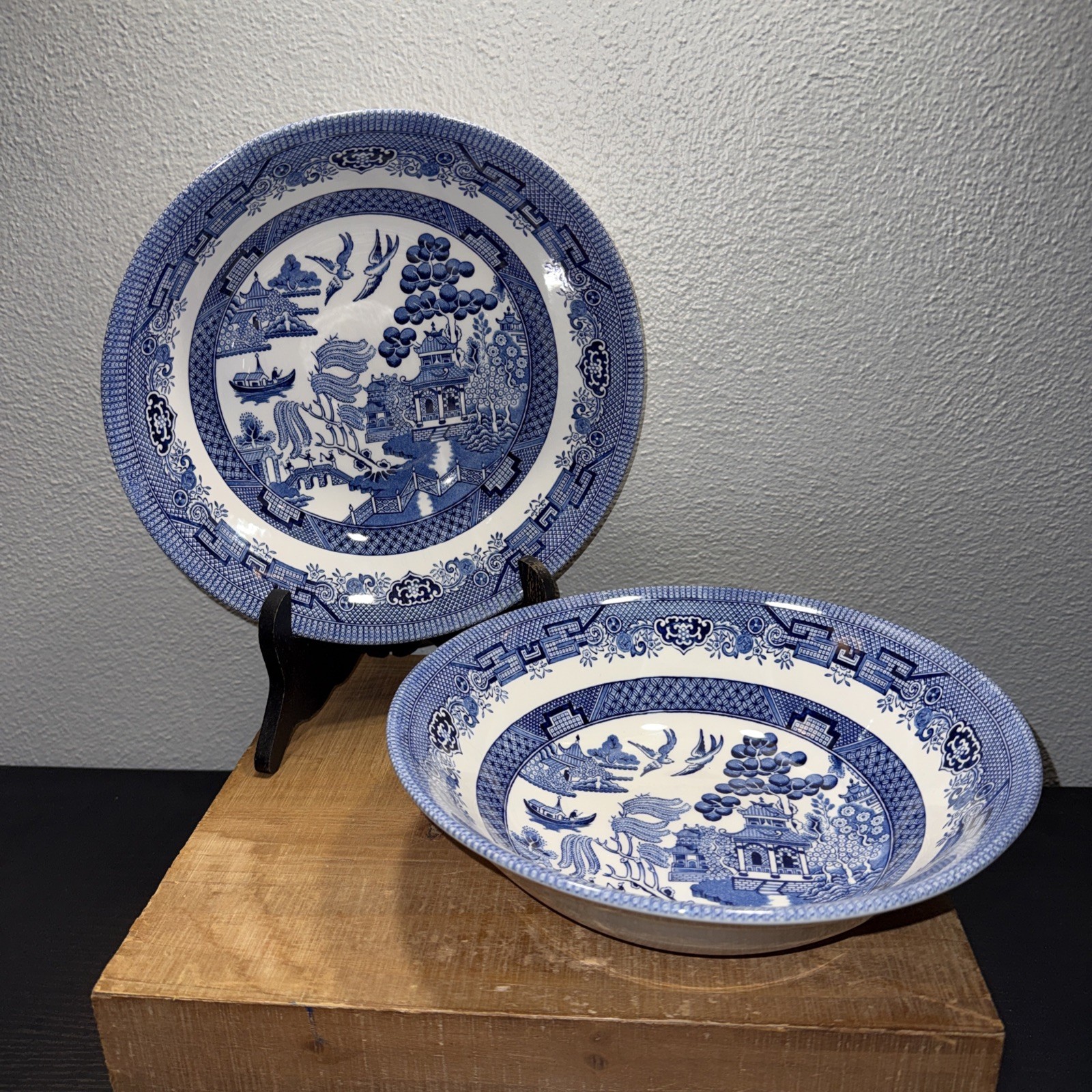 Two Churchill Blue Willow Ware 9 3/8”Round Vegetable Serving Bowl Vintage EUC