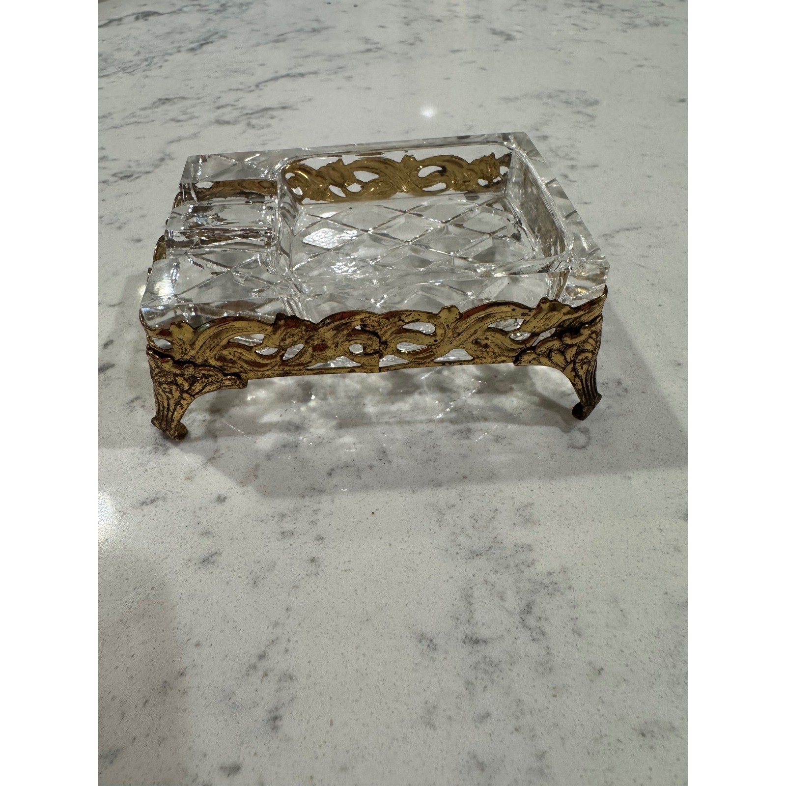 Vintage Crystal Ashtray in Ornate Gold Brass Filigree Footed Stand Hollywood Reg