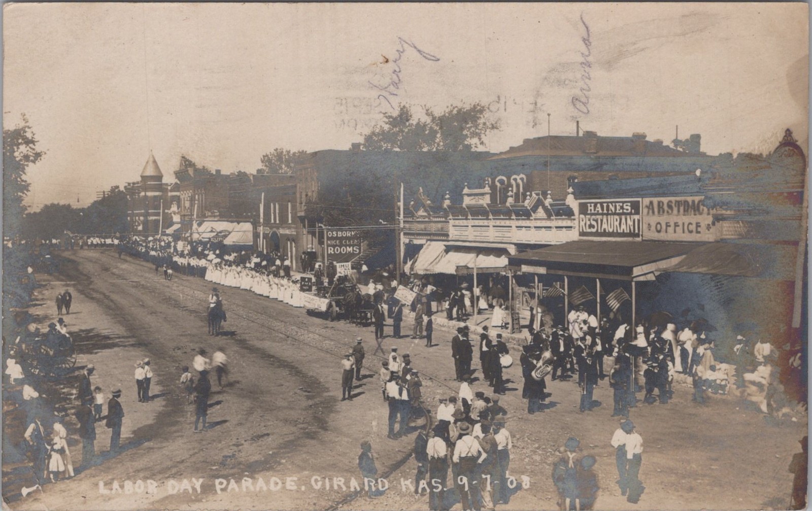 Labor Day Parade Girard Kansas KS Haines Restaurant Band RPPC 1908 Postcard