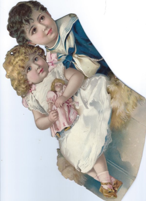 1888 RARE Chromo, PRECIOUS BOY & GIRL, Antique Victorian Die-Cut Scrap, 12\ 1888 RARE Chromo, PRECIOUS BOY & GIRL, Antique Victorian Die-Cut Scrap, 12\