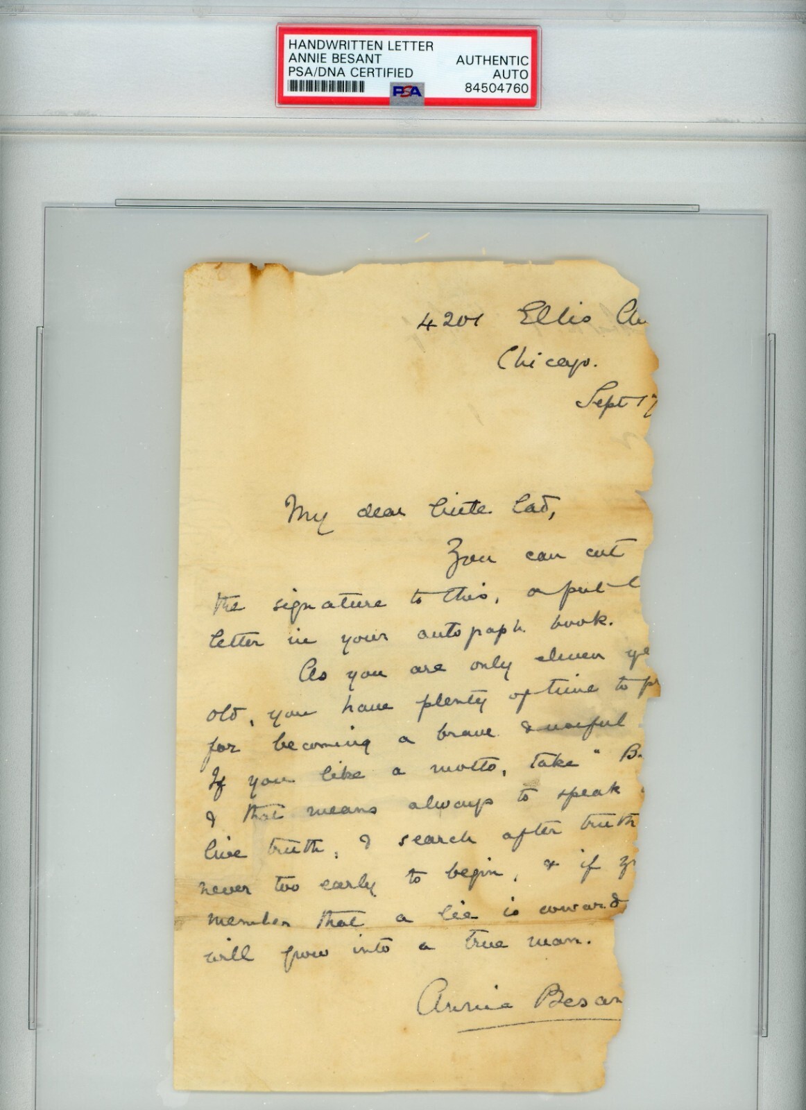 Annie Besant ~ Signed Handwritten Motivational Truth Letter ~ PSA DNA