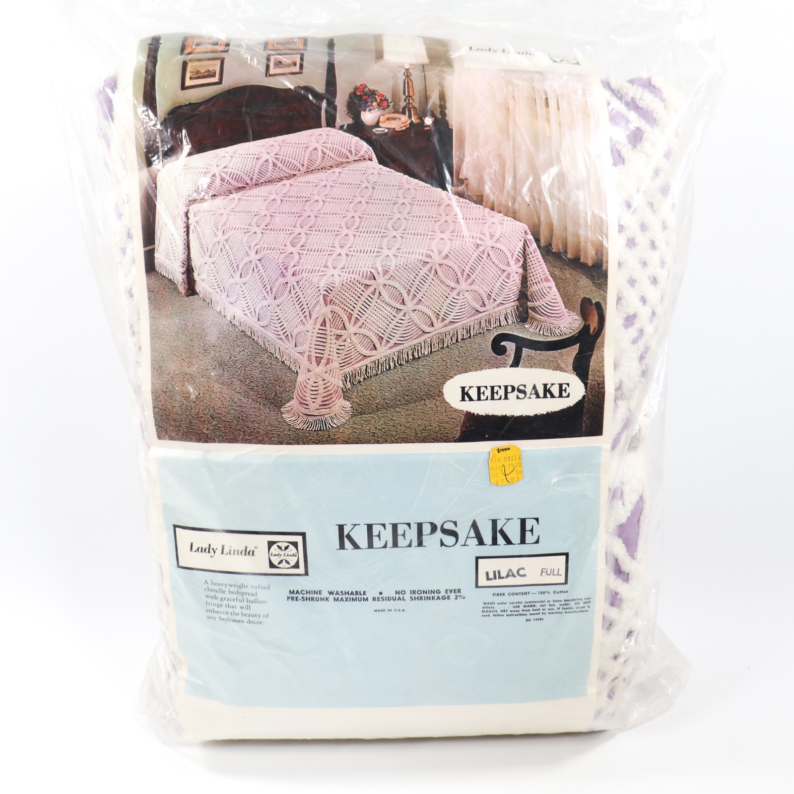 NOS Vintage Chenille Bedspread in Package FULL Rare Lilac Purple Lady Linda