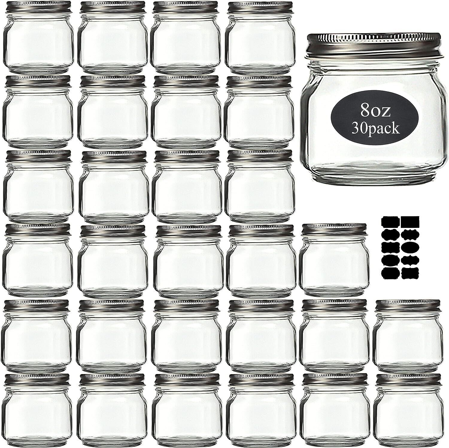 Glass Mason Jars 8 oz - 30 Pack with Silver Lids for Canning - L8.1