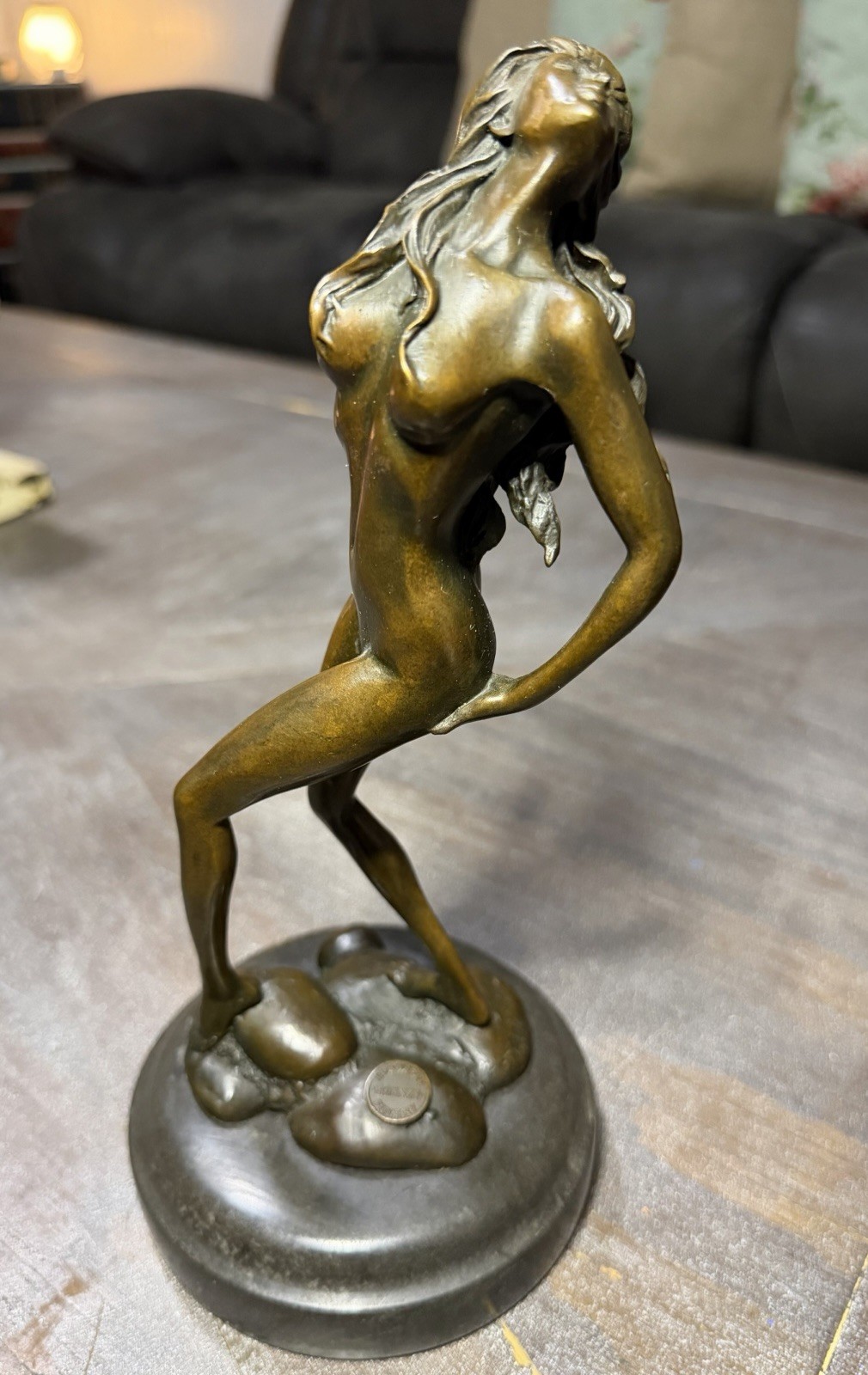 ALDO VITALEH Bronze LADY ON ROCKS Sculpture Statue 10” Tall European Finery