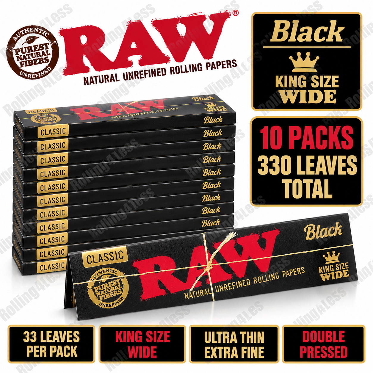 RAW Classic Black King Size Wide Unrefined Rolling Papers | 10 Packs