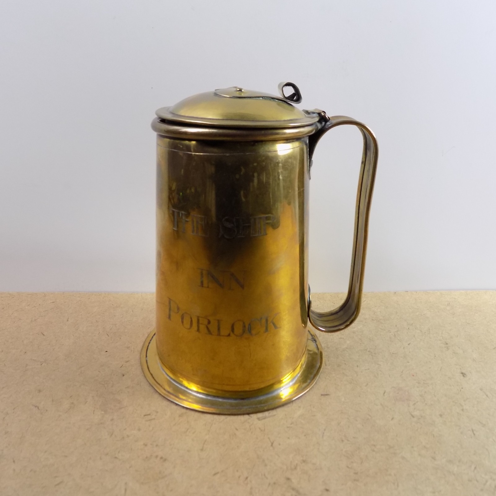Antique c1890 English Brass Lidded Tankard Stein The Ship Inn Portlock