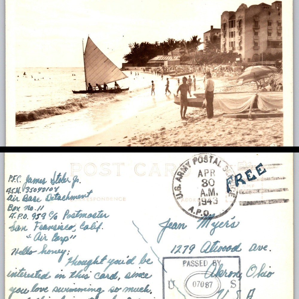 Waikiki Beach, Honolulu, Royal Hawaiian Hotel & Canoe, WWII Military Mail RPPC