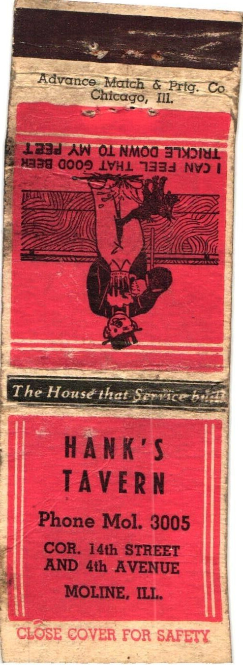 Hank\'s Tavern Moline IL Vintage Matchbook Cover 1940s-50s Beer Ad Hank\'s Tavern Moline IL Vintage Matchbook Cover 1940s-50s Beer Ad