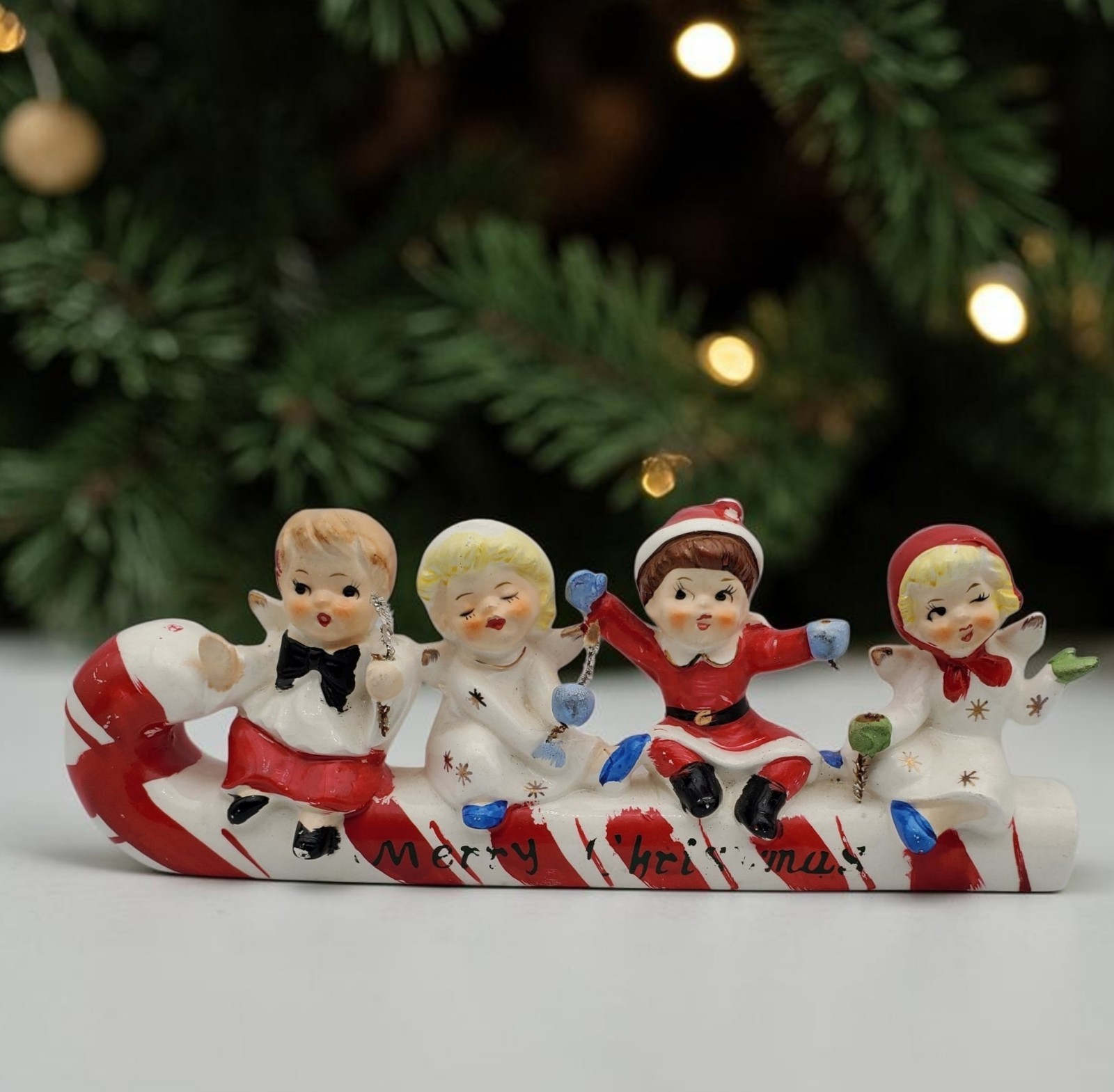 Vintage Commodore Ceramic Christmas Angels Children On Candy Cane Sleigh Japan