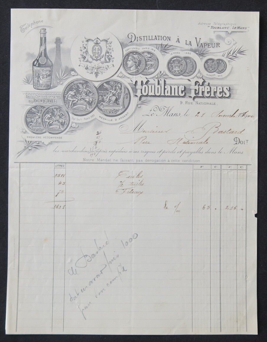 Invoice 1900 LE MANS Distillerie Rhum St-Yves TOUBLANC illustrated header 122