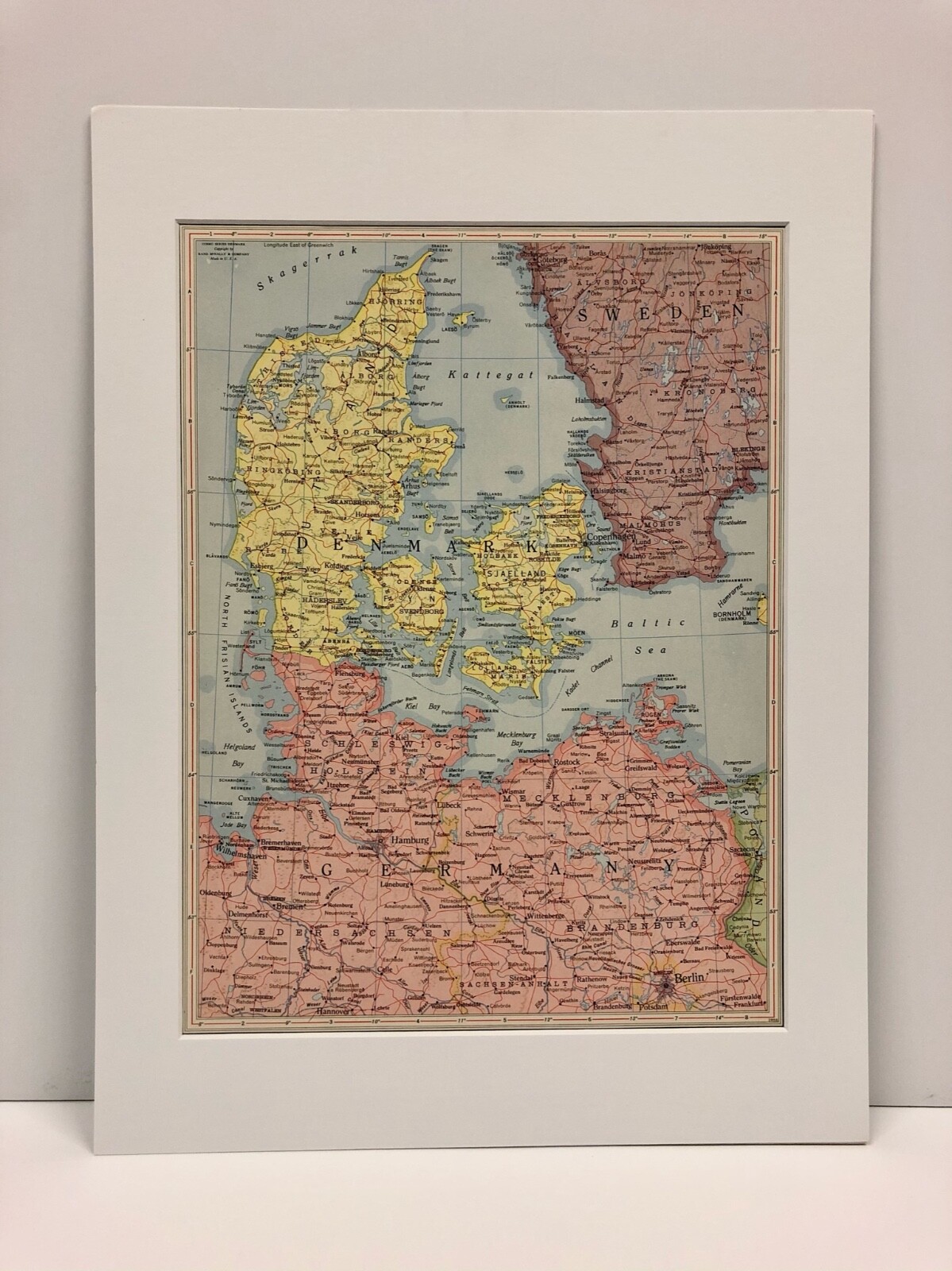 Vintage 1956 Rand-McNally Map of DENMARK - pre-matted ready to frame 16 x 12 