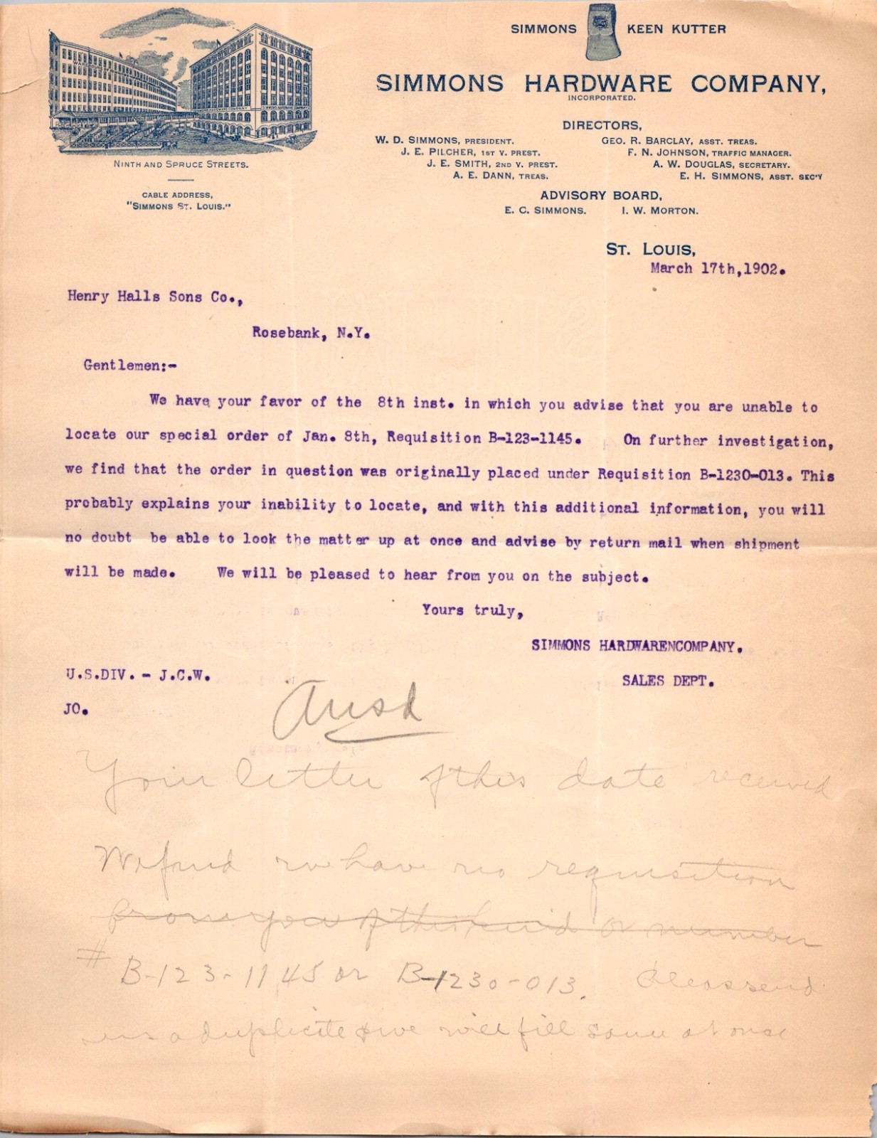 Simmons Hardware Co Inc 1902 WD Simmons St Louis Letterhead Billhead TC28 Simmons Hardware Co Inc 1902 WD Simmons St Louis Letterhead Billhead TC28