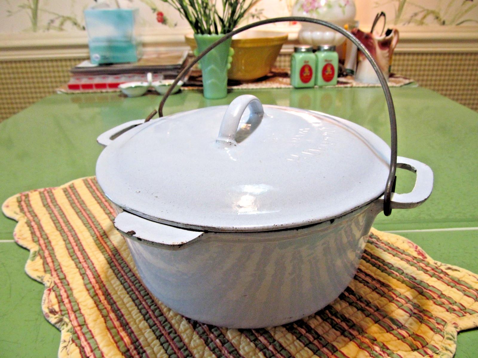 Vintage No. 6 Volrath Cast Iron Blue Enamel Dutch Oven