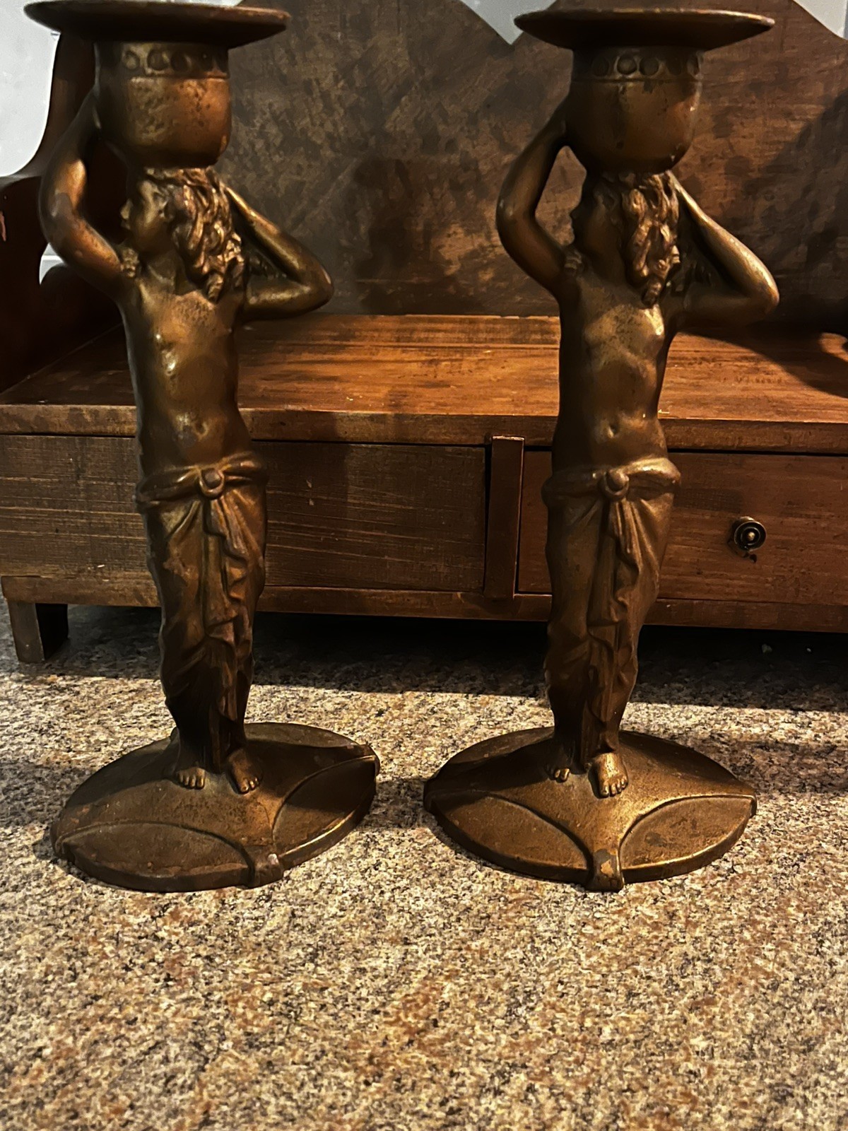2 Cast iron Grecian Statuetto candlesticks by Decorative Arts League 2 Cast iron Grecian Statuetto candlesticks by Decorative Arts League