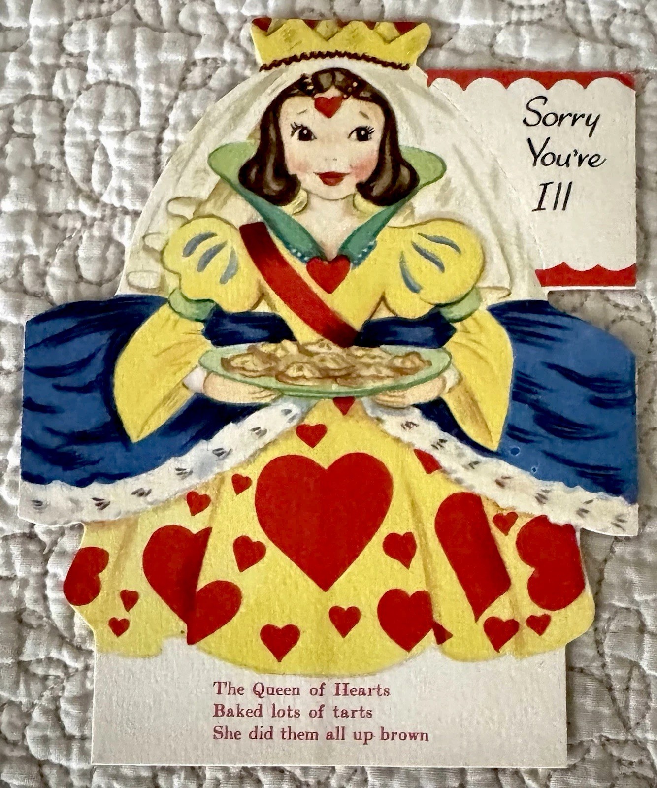 Unused Get Well Queen Of Hearts Nursery Rhyme Vtg Greeting Card 1940s 1950s