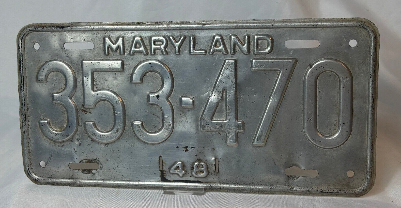1948 Maryland License Plate 353-470 Automobile Tag Bare Metal