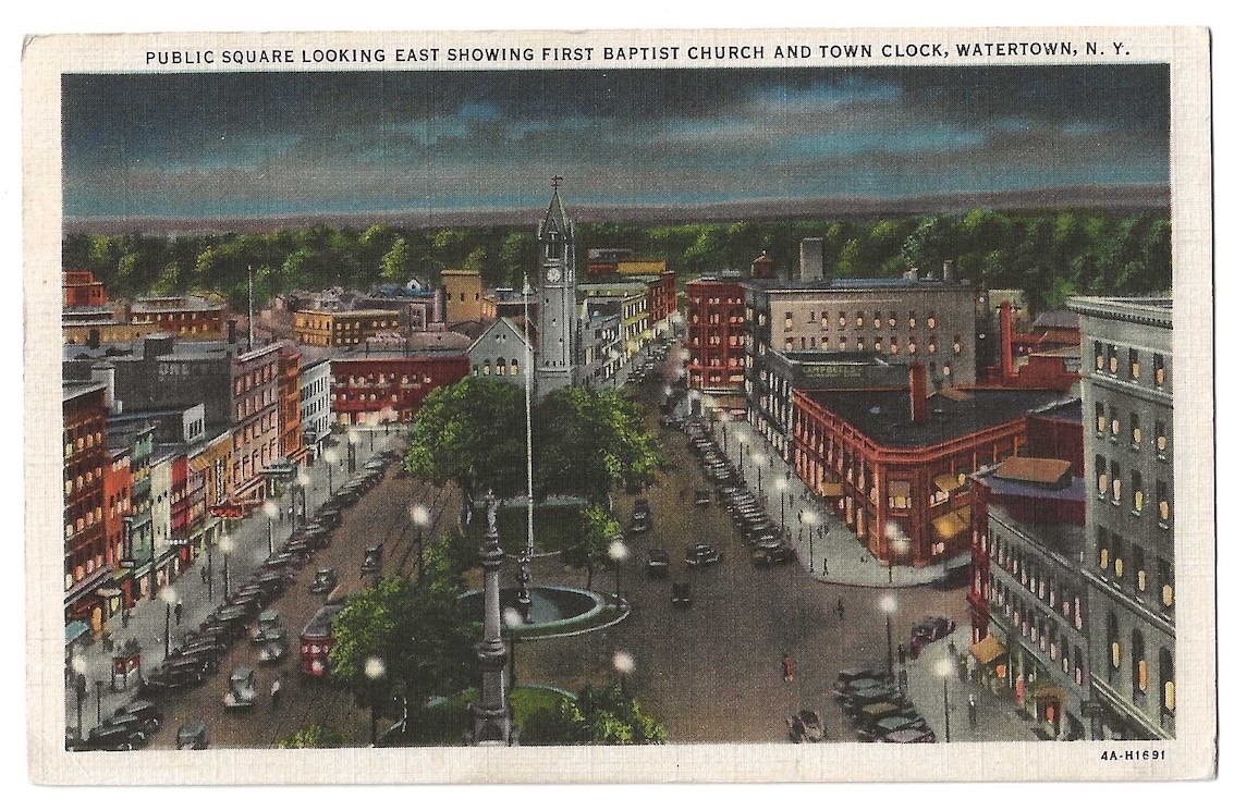 Watertown New York c1930's downtown Public Square, business district, night Watertown New York c1930's downtown Public Square, business district, night