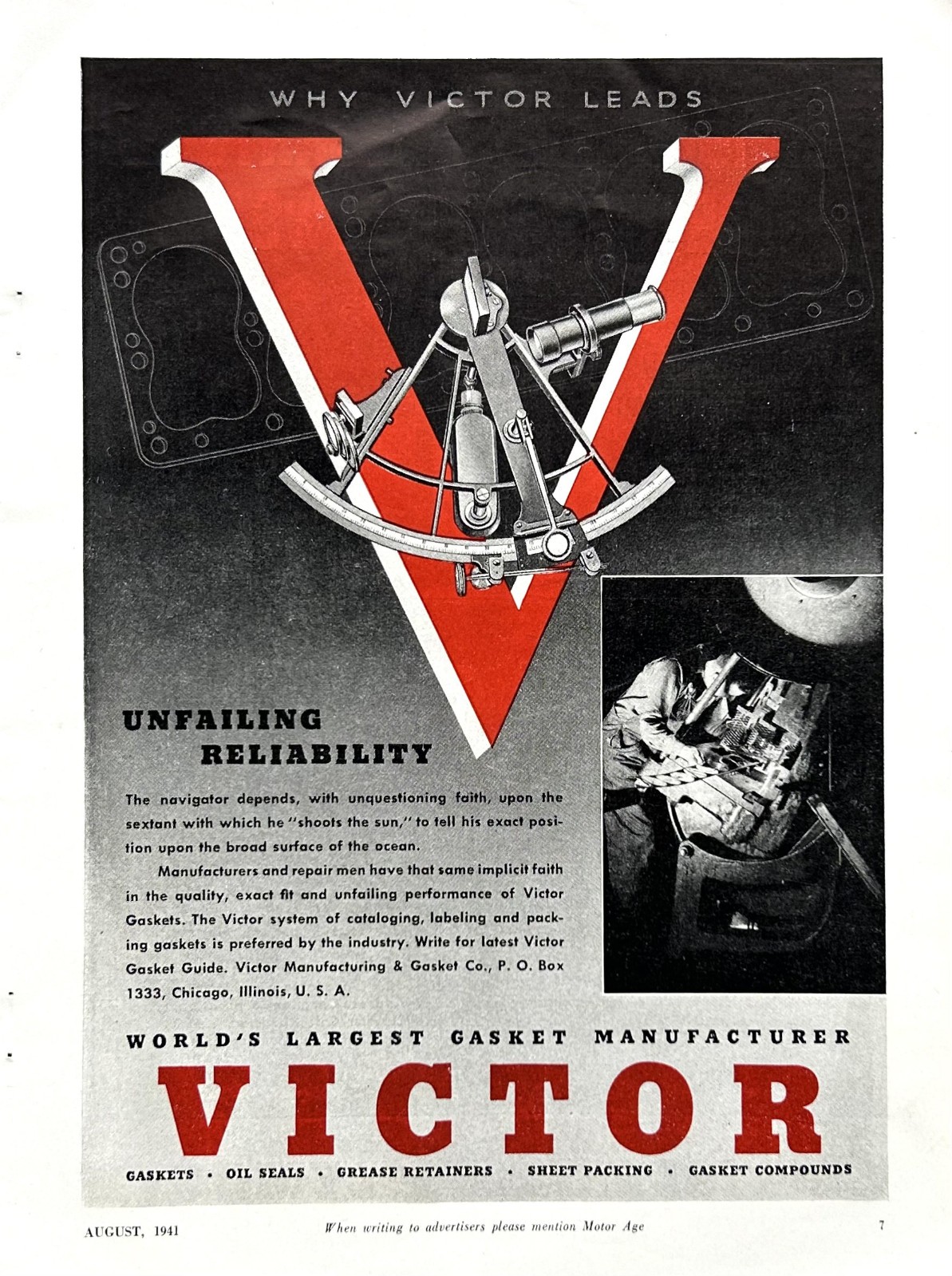 1941 Ad Victor Manufacturing & Gasket Co Chicago Unfailing Reliability