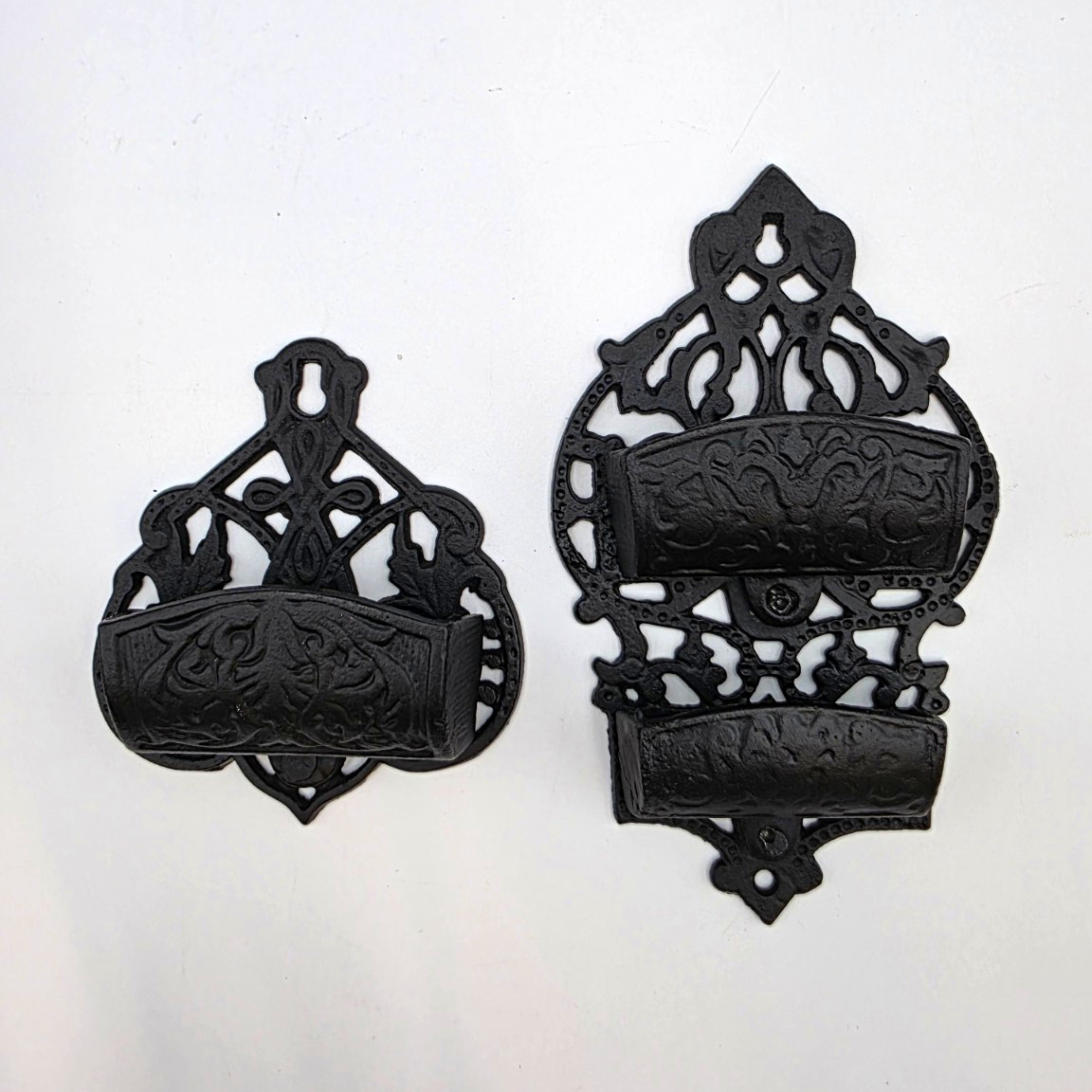 Vtg Cast Iron Match Holder Safe Set Lot Single Double Pocket Ornate Scroll Pair