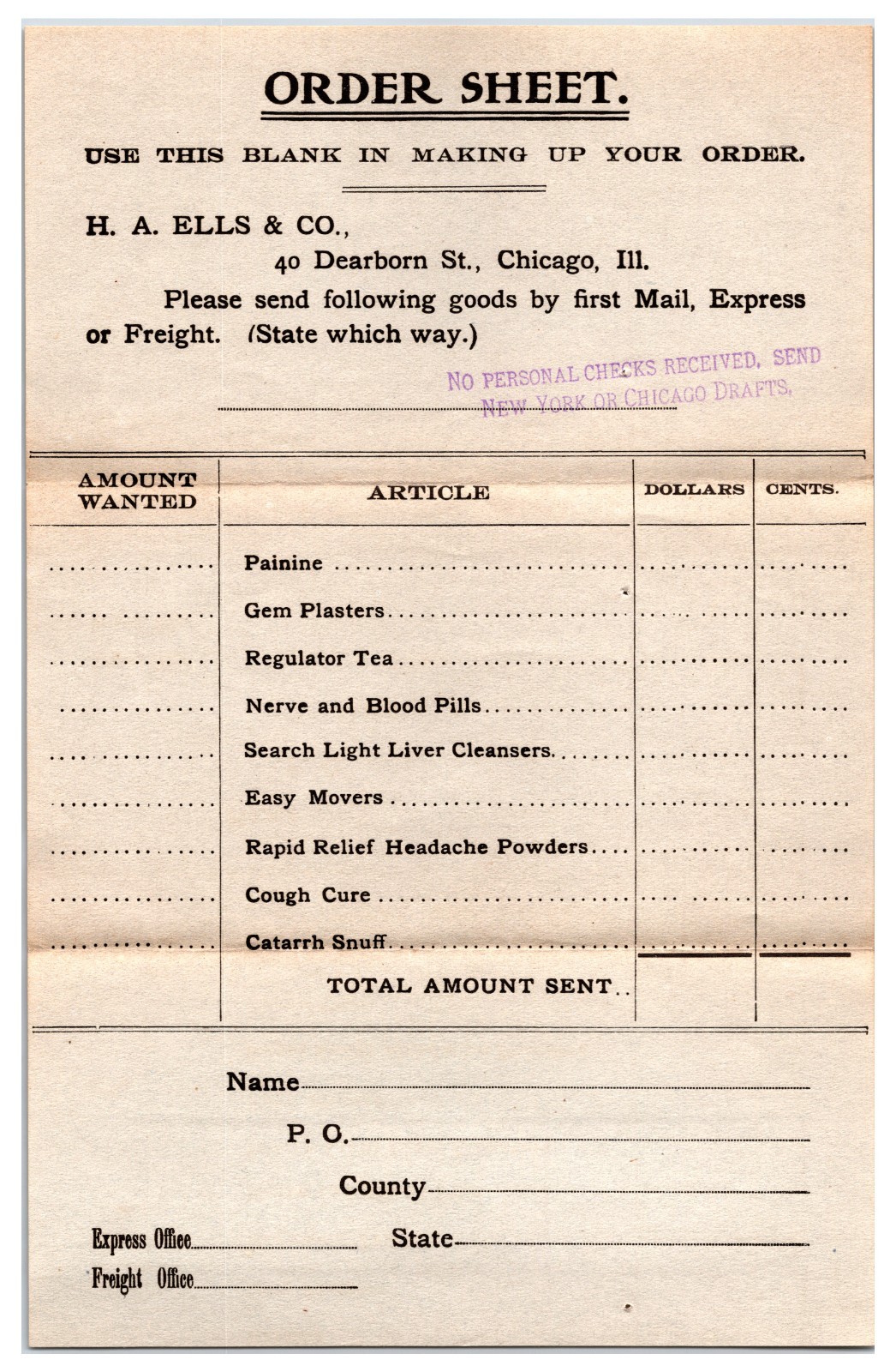 Original Early 1900s - H.A. Ells & Co Order From - Chicago, Illinois Original Early 1900s - H.A. Ells & Co Order From - Chicago, Illinois