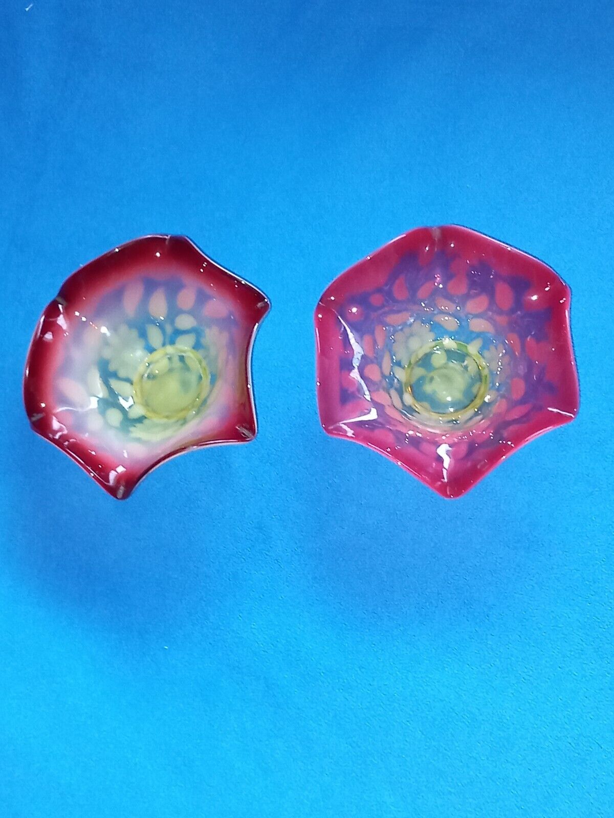 2 pcs Antique Cranberry Uranium Vaseline Glass Sugar Ice bowl Opalescent Flower