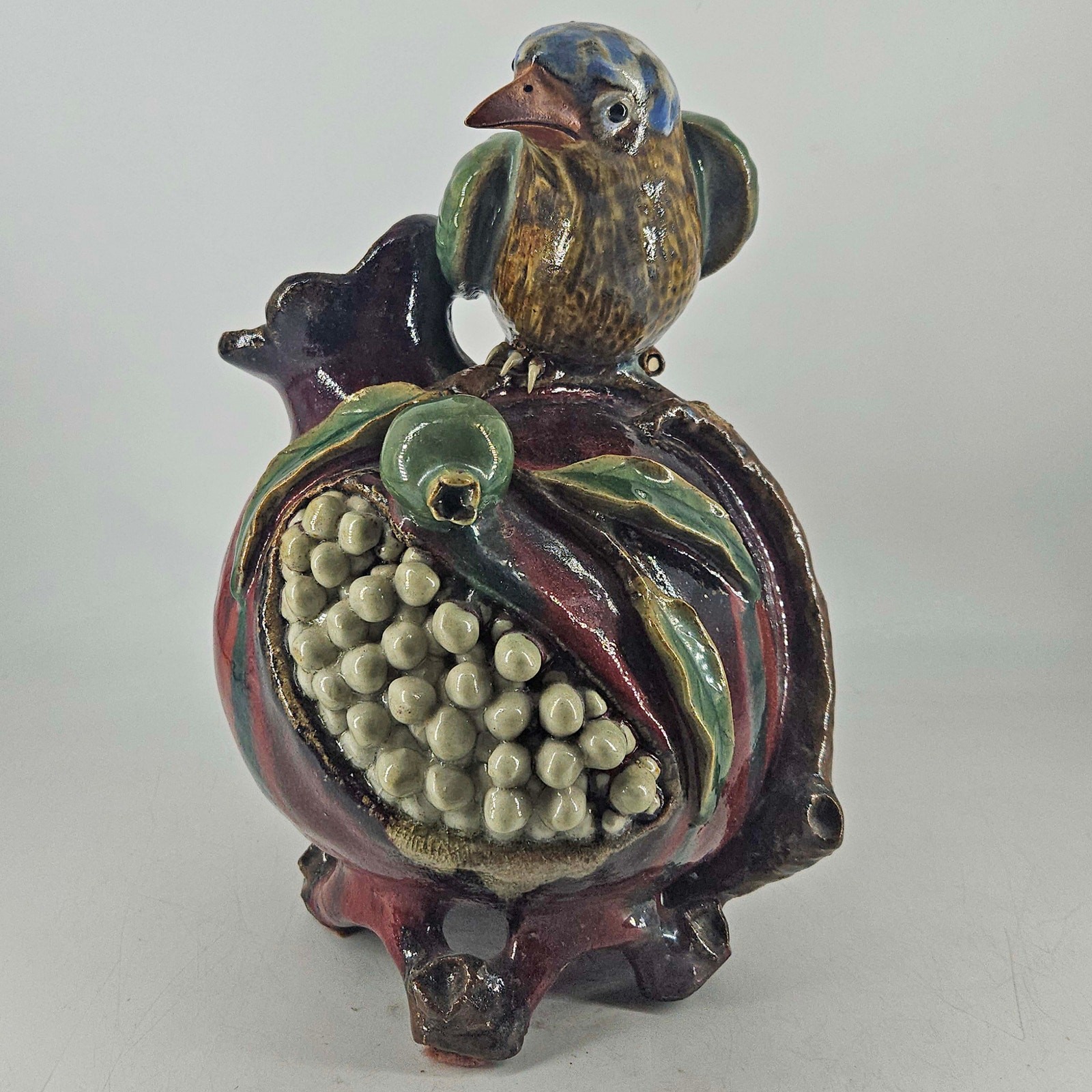 Vintage Chinese Shiwan Boyun Pottery bird on pomegranate Vase 11\