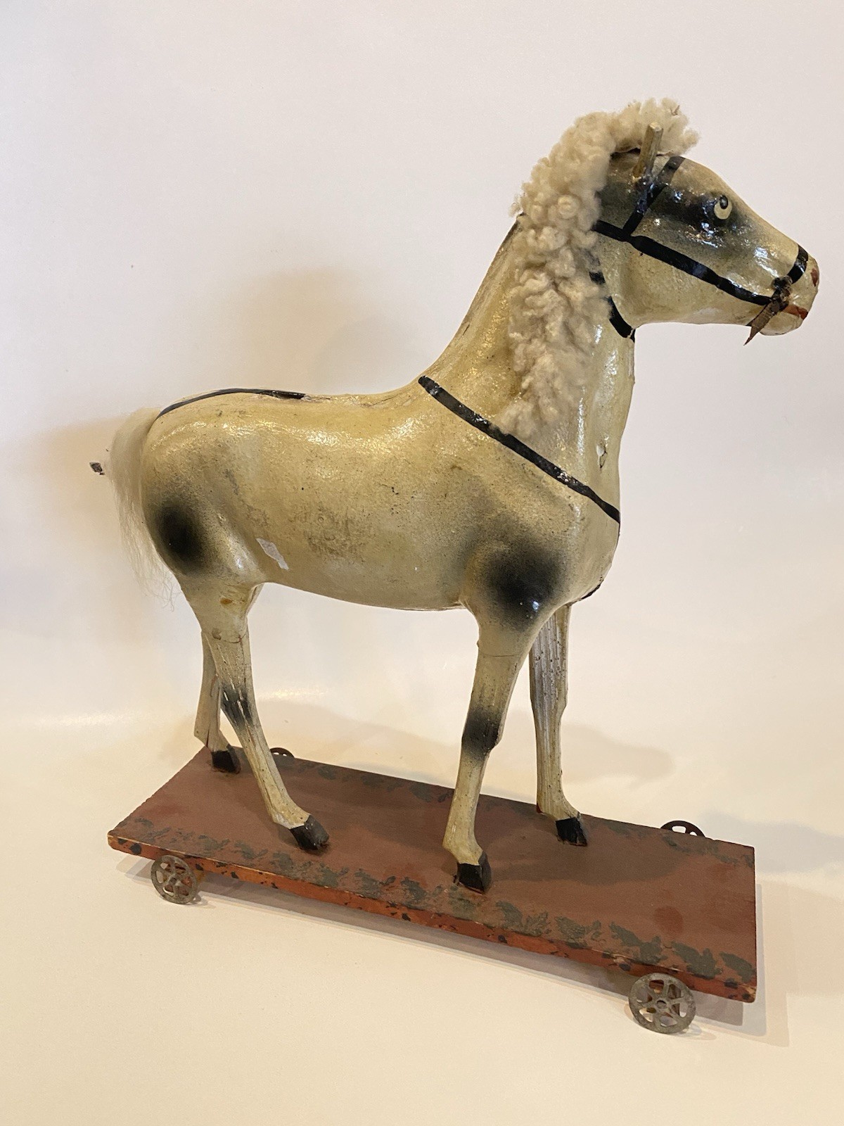 Rare Vintage German Horse Figure Paper Mache Wood Fur 19th Century Pull Toy Folk Rare Vintage German Horse Figure Paper Mache Wood Fur 19th Century Pull Toy Folk