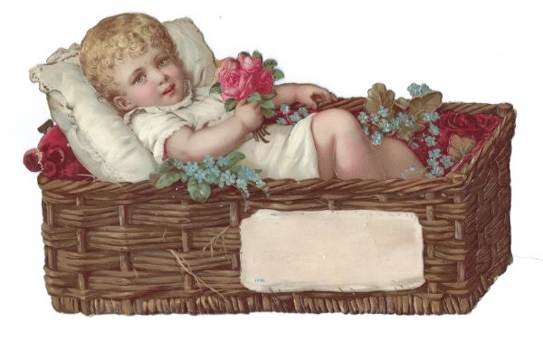 1888 RARE Chromo, PRECIOUS BABY DOLL FACE BASKET, Antique Victorian Die-Cut Scra